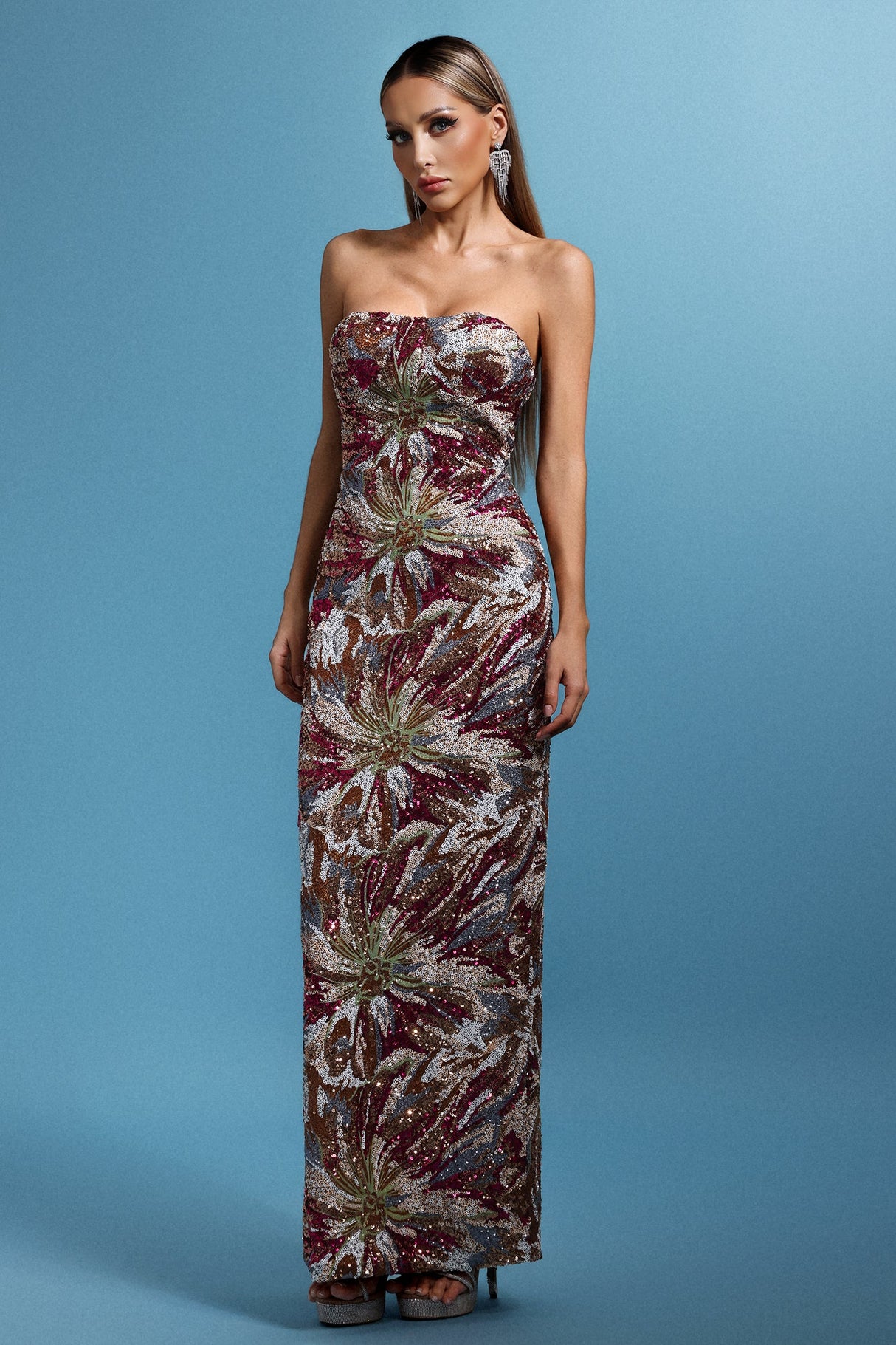 Jasmine Multi Color Sequin Floral Maxi Dress