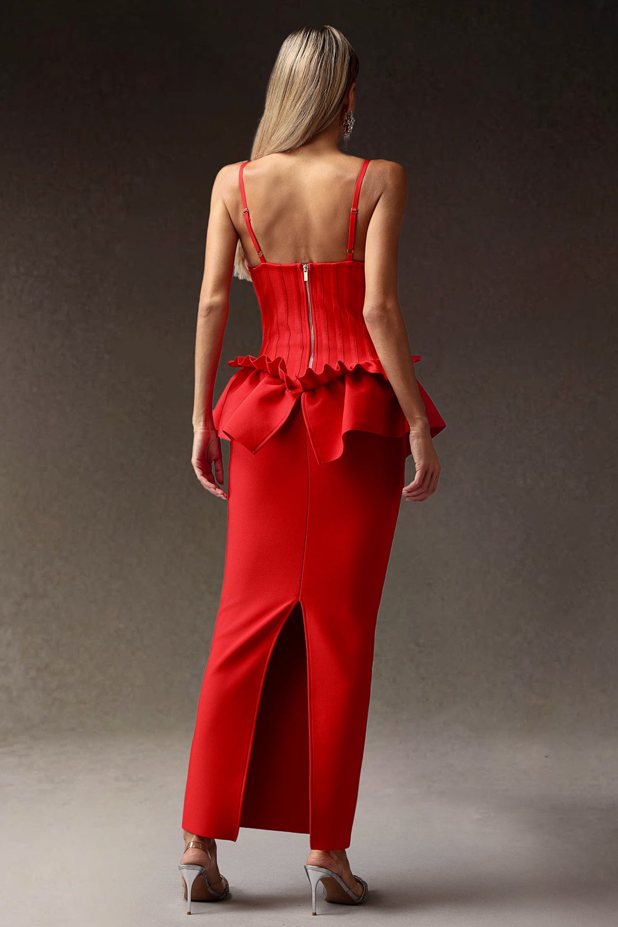 Jasmine Red Deep-V Falbala Waist Backless Dress