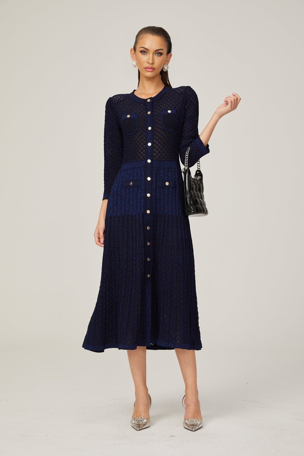 Jayla Long Sleeve Midi Dress - Round Neck Style - Front Button Fastening - Four Patch Pockets - Knit Construction
