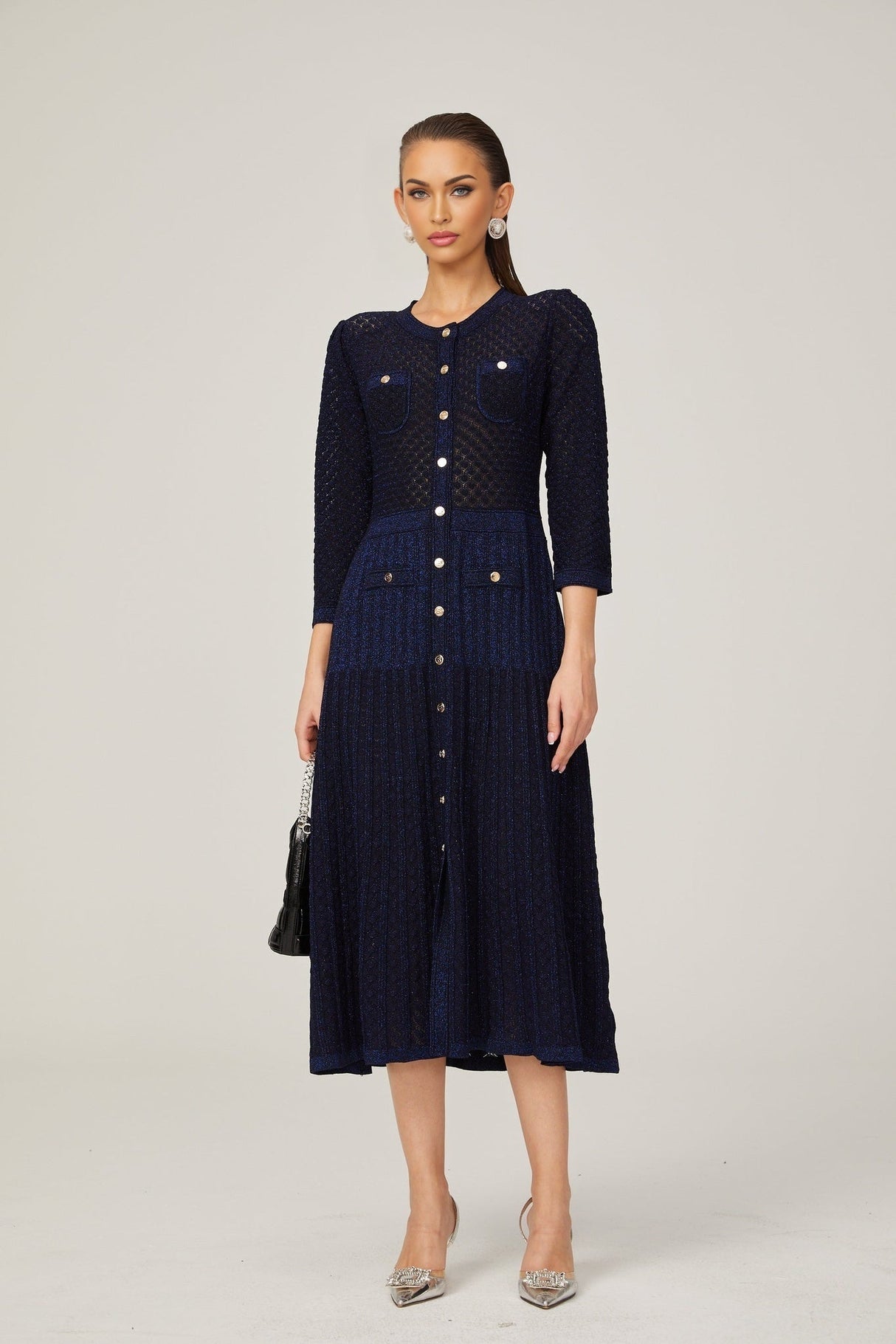 Jayla Long Sleeve Midi Dress - Round Neck Style - Front Button Fastening - Four Patch Pockets - Knit Construction