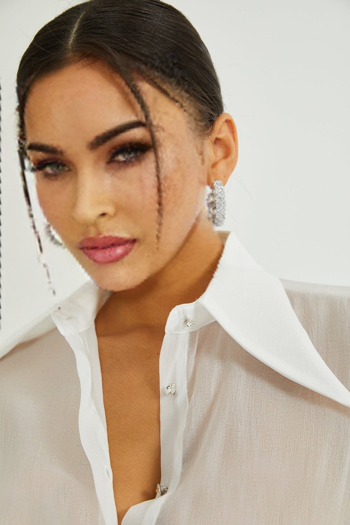 Jayla White Ruffled Blouse With Pointed Collar And Embellished Buttons