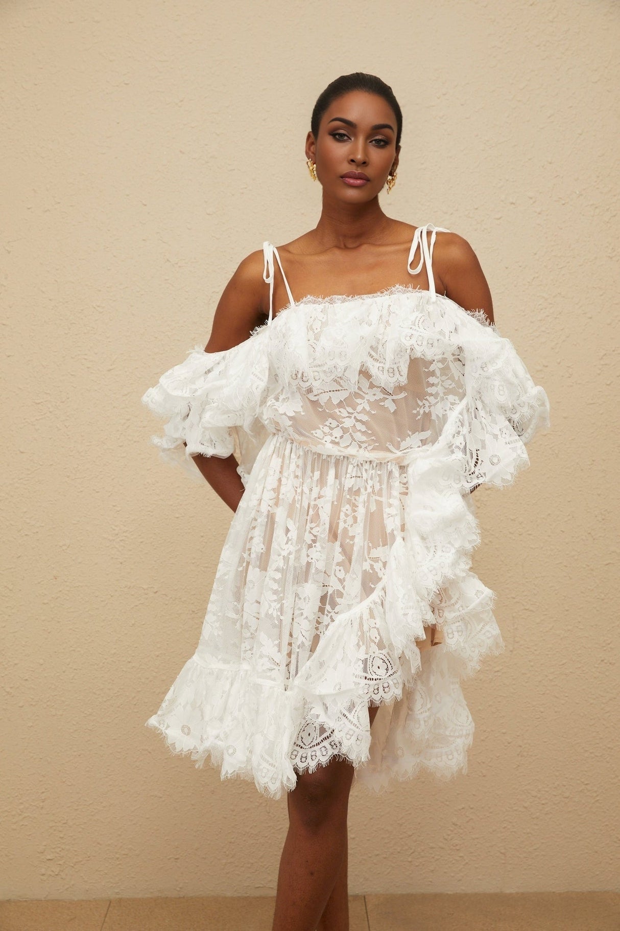 Jazlyn One Shoulder Mini Dress - Floral Lace - Ruffled Detailing - Asymmetrical Design - Lined - Slip - On Style