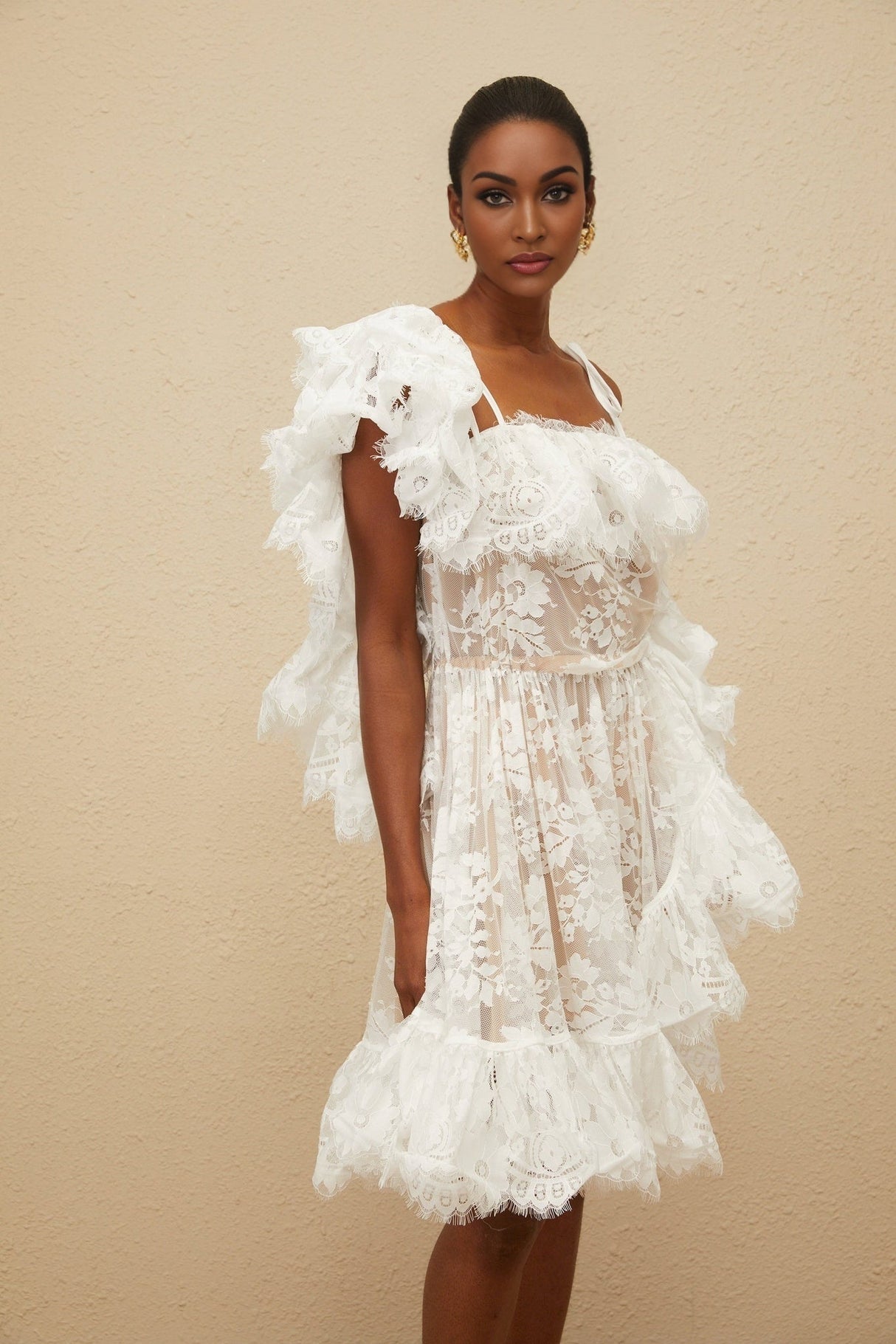 Jazlyn One Shoulder Mini Dress - Floral Lace - Ruffled Detailing - Asymmetrical Design - Lined - Slip - On Style