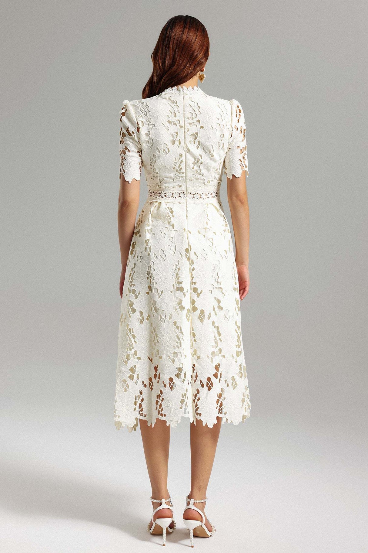 Jazlyn White Lace High Neckline Dress with Cutwork Design for Summer Events or Garden Parties