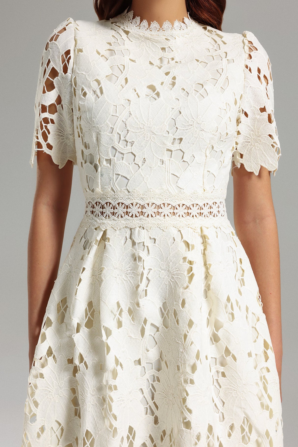 Jazlyn White Lace Midi Dress for Women with High Neckline and Cutwork Design