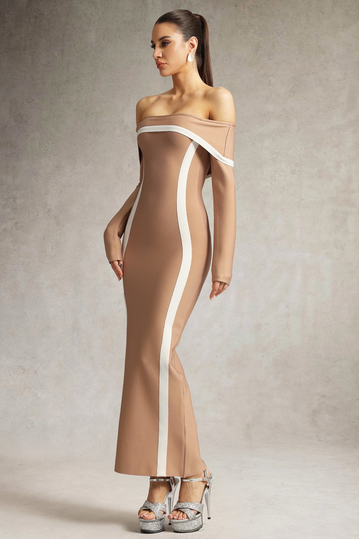 Jelena Brown Off Shoulder Bodycon Dress with Contrasting Lines and Long Sleeves