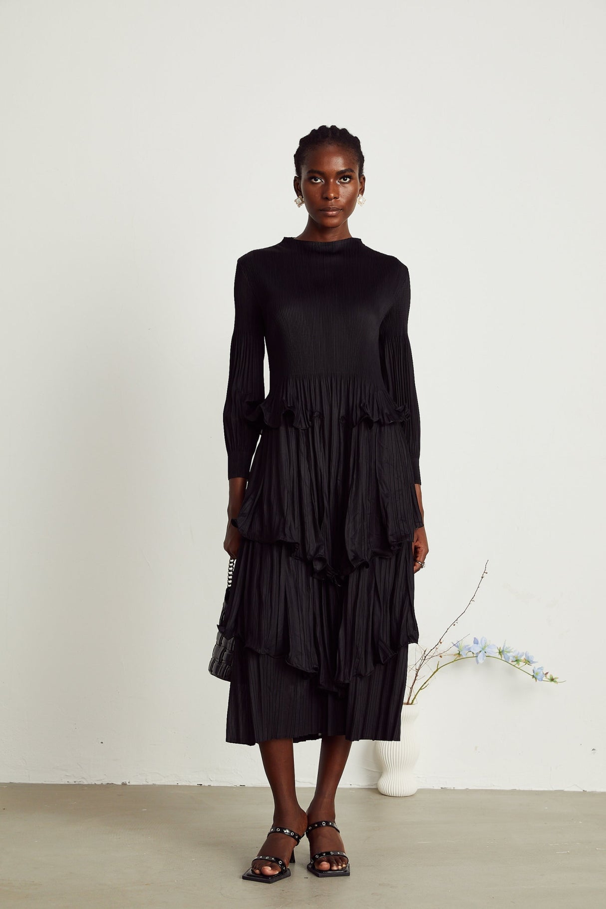 Jelena Midi Dress - Pleated & Tiered Ruffled Black with Long Sleeves