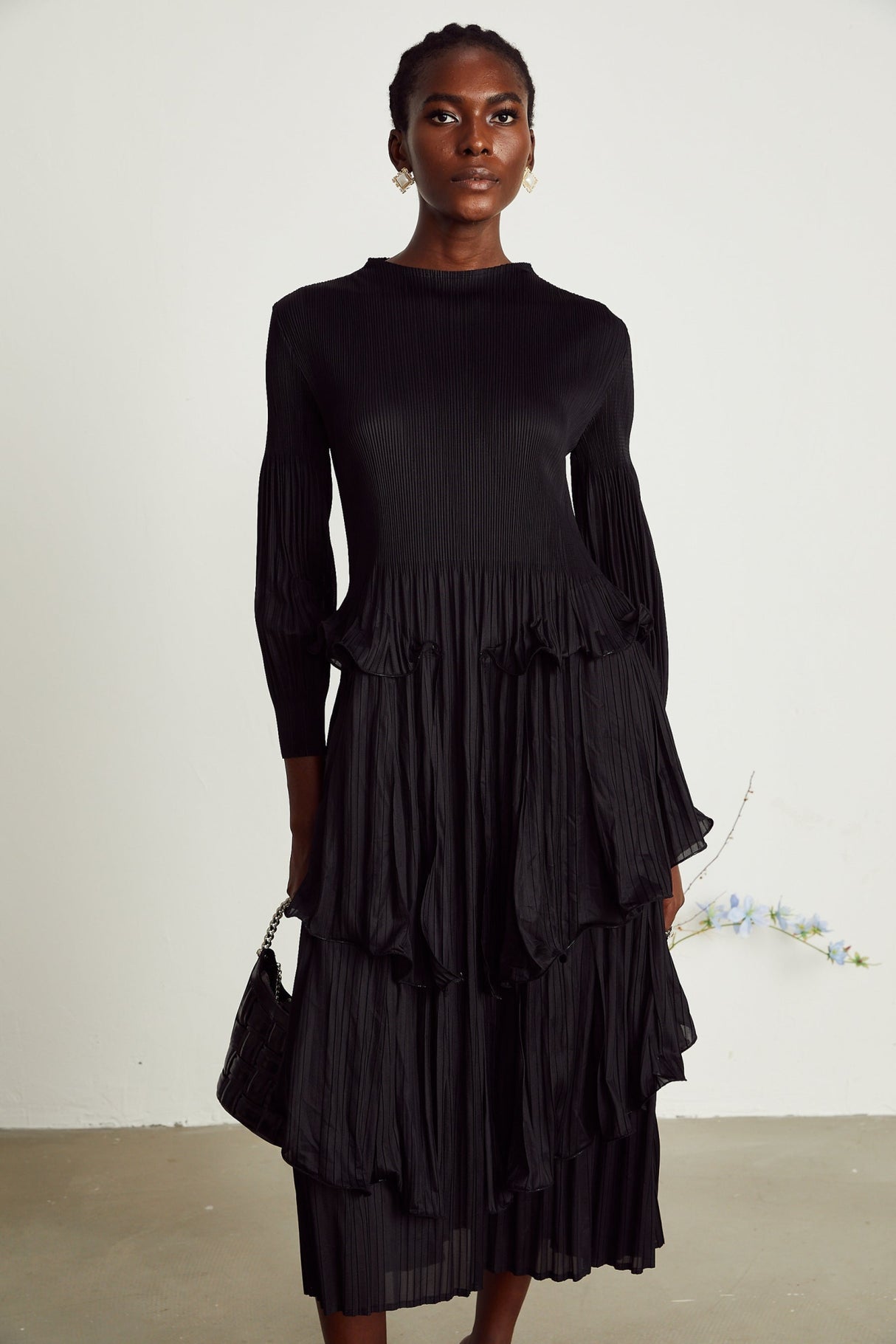 Jelena Midi Dress - Pleated & Tiered Ruffled Black with Long Sleeves