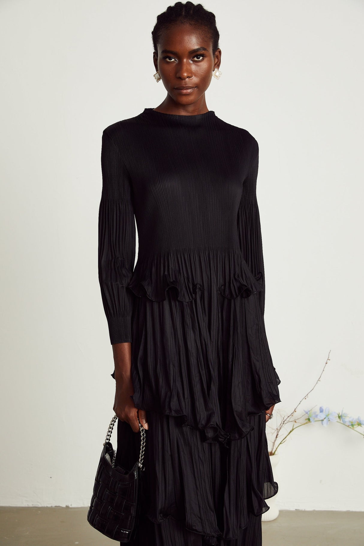 Jelena Midi Dress - Pleated & Tiered Ruffled Black with Long Sleeves