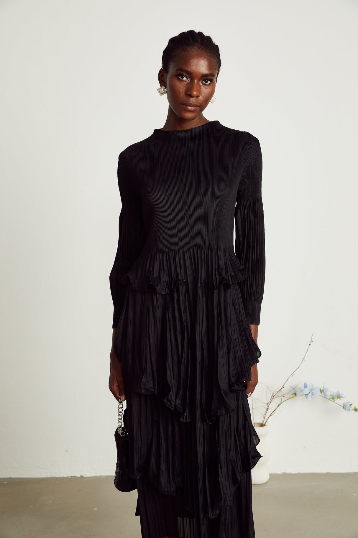 Jelena Midi Dress - Pleated & Tiered Ruffled Black with Long Sleeves