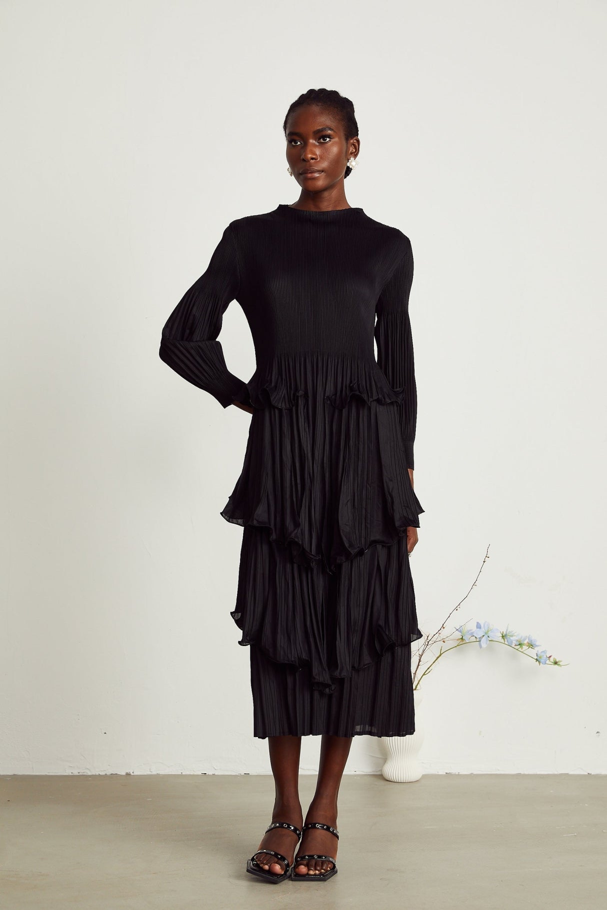 Jelena Midi Dress - Pleated & Tiered Ruffled Black with Long Sleeves