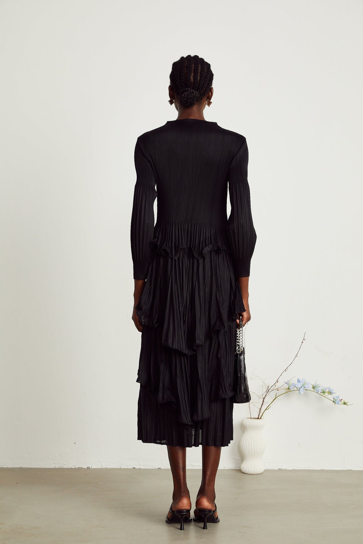Jelena Midi Dress - Pleated & Tiered Ruffled Black with Long Sleeves