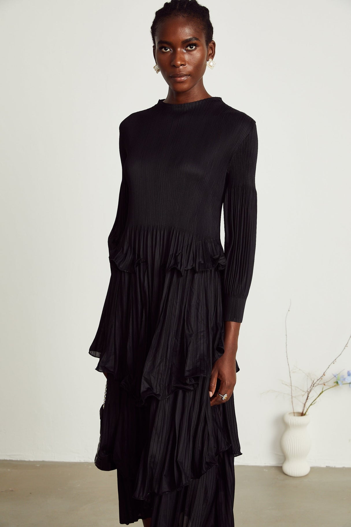 Jelena Midi Dress - Pleated & Tiered Ruffled Black with Long Sleeves