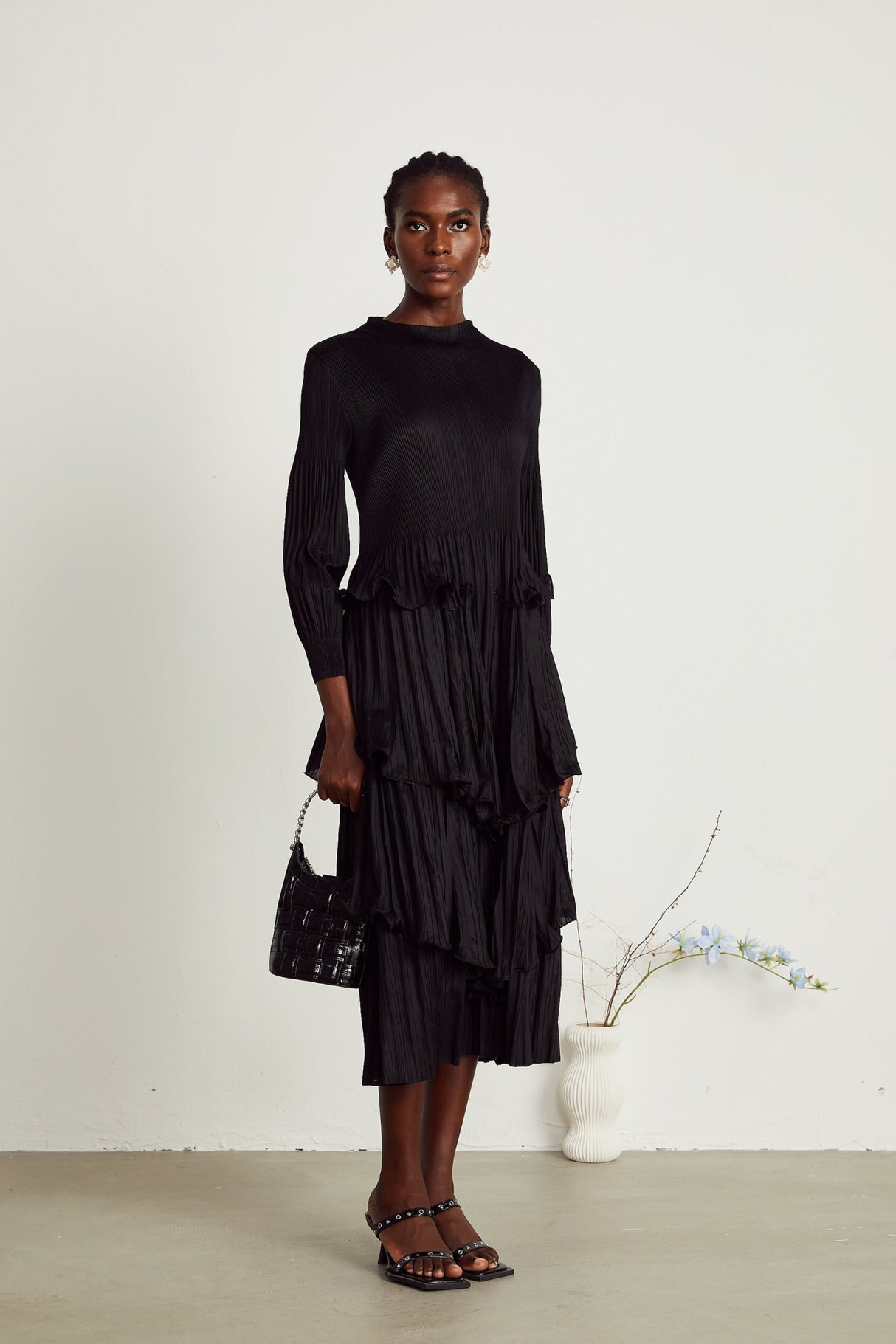 Jelena Midi Dress - Pleated & Tiered Ruffled Black with Long Sleeves