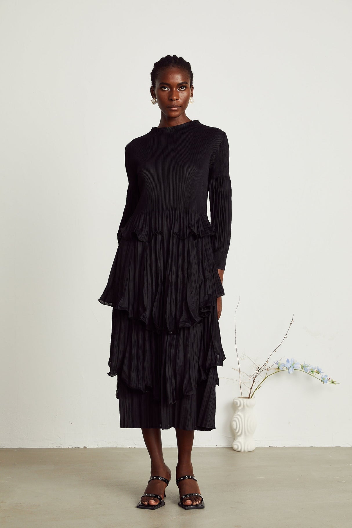 Jelena Midi Dress - Pleated & Tiered Ruffled Black with Long Sleeves