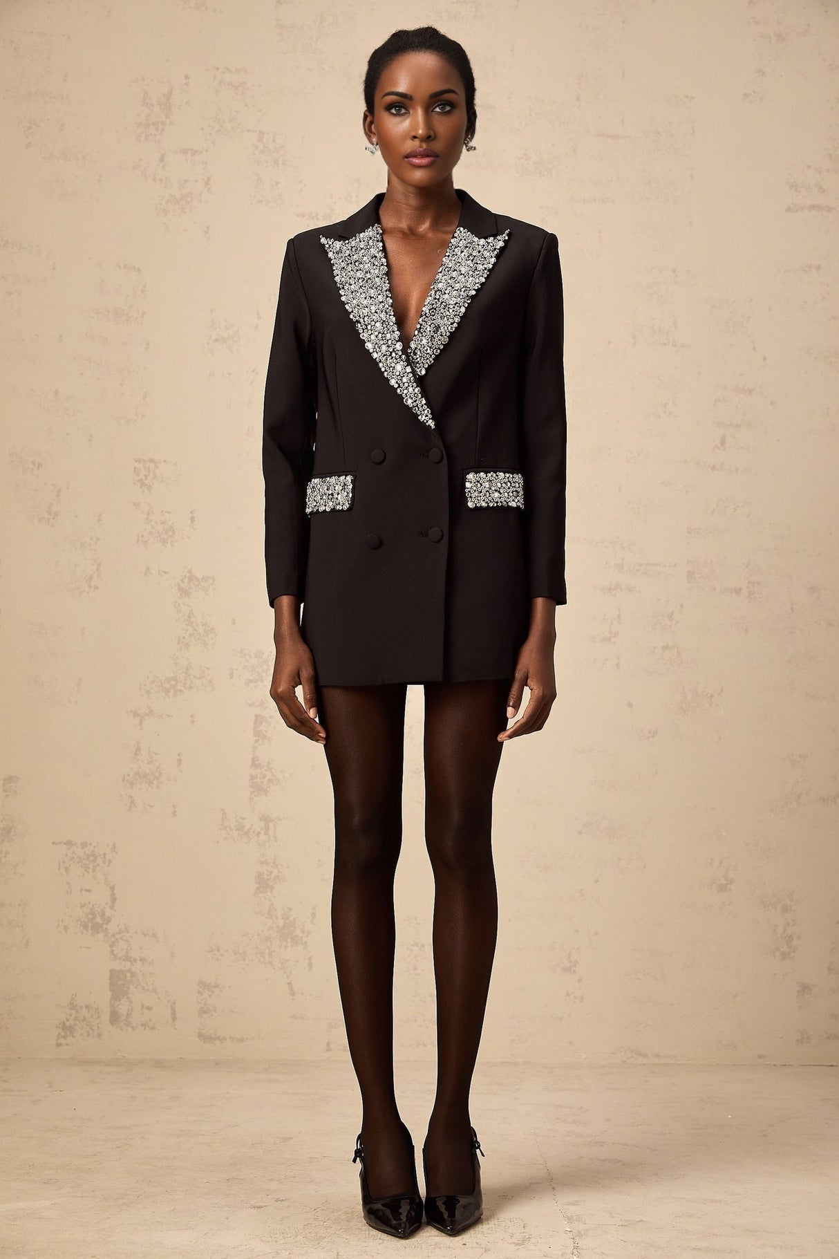 Jenna Blazer - Peak Lapels - Crystal Embellishment - Double - Breasted - Flap Pockets