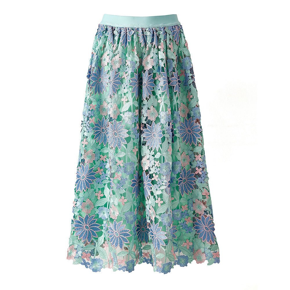 Jenna Floral Lace A - Line Skirt - High - Waisted Fit - Scalloped Lace Hem and Intricate Appliqués