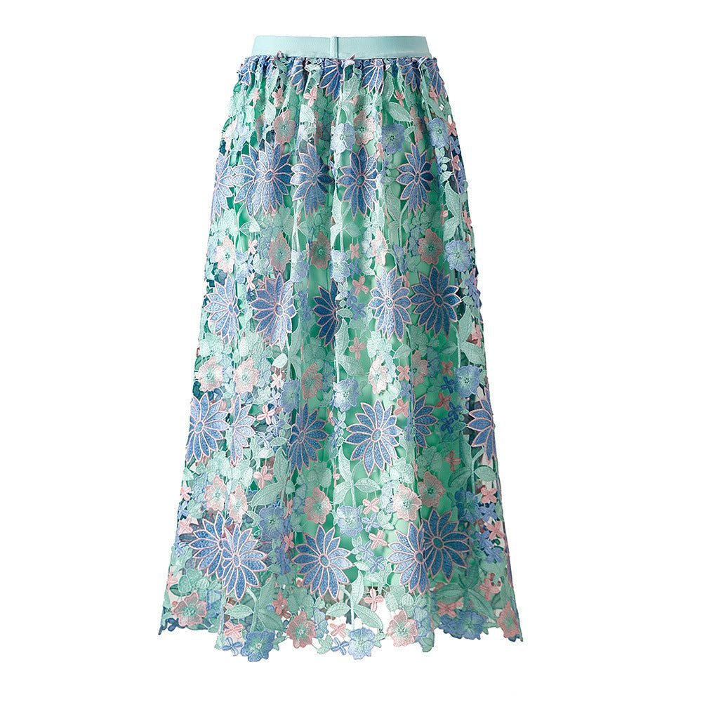 Jenna Floral Lace A - Line Skirt - High - Waisted Fit - Scalloped Lace Hem and Intricate Appliqués