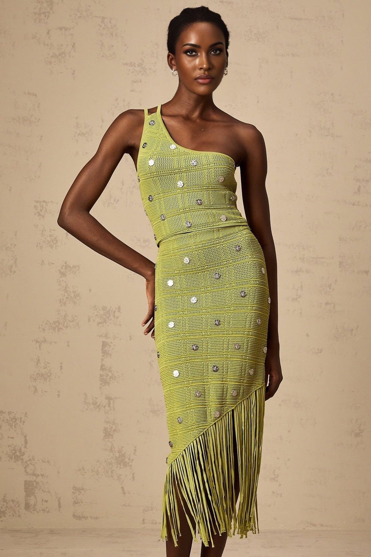 Jenna Skirt & Top Set Green Knit Top & Skirt Embellished