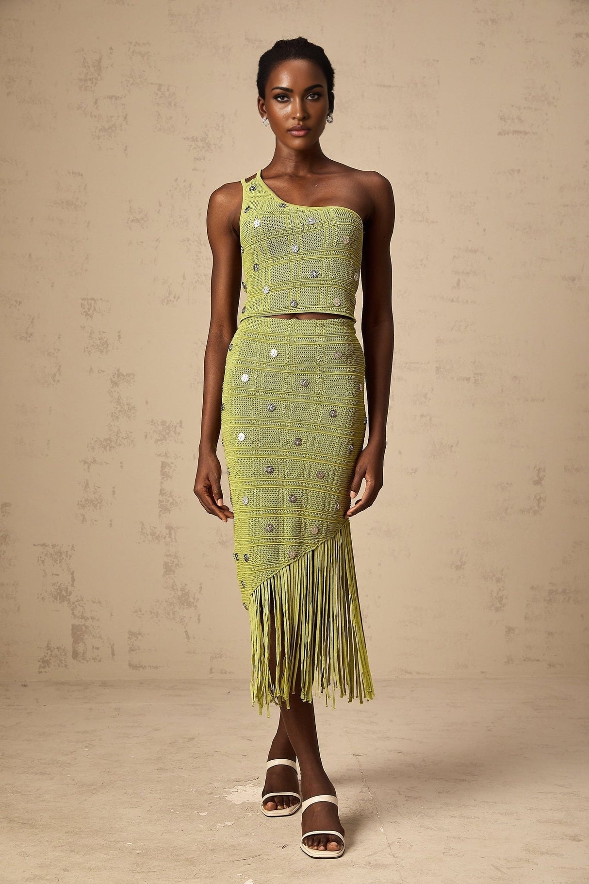 Jenna Skirt & Top Set - One - Shoulder Knit Top - Fringed Edge Skirt - Hardware Embellishment - Calf - Length