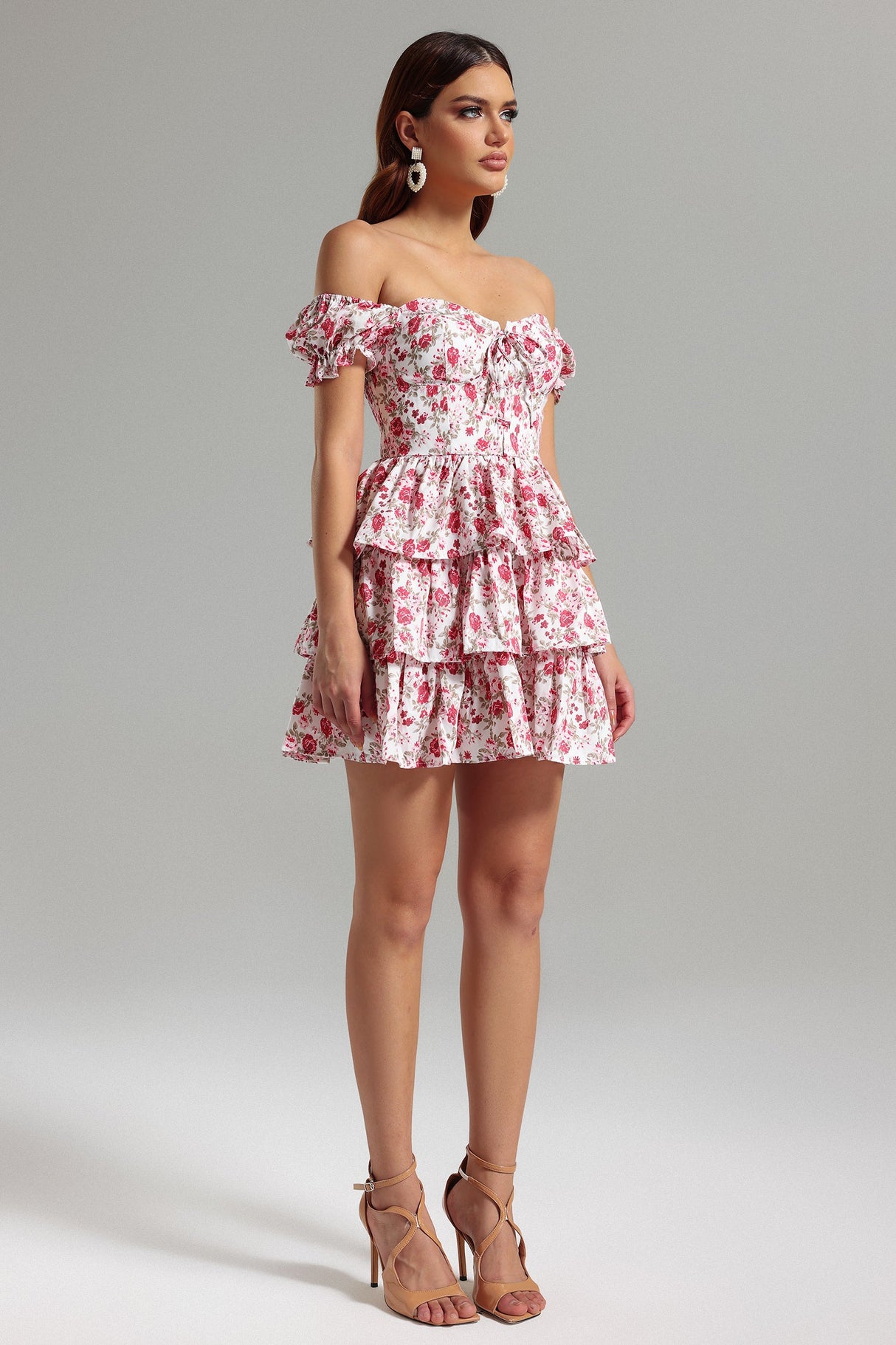 Jenna White Floral Off-Shoulder Ruffled Layered Dress