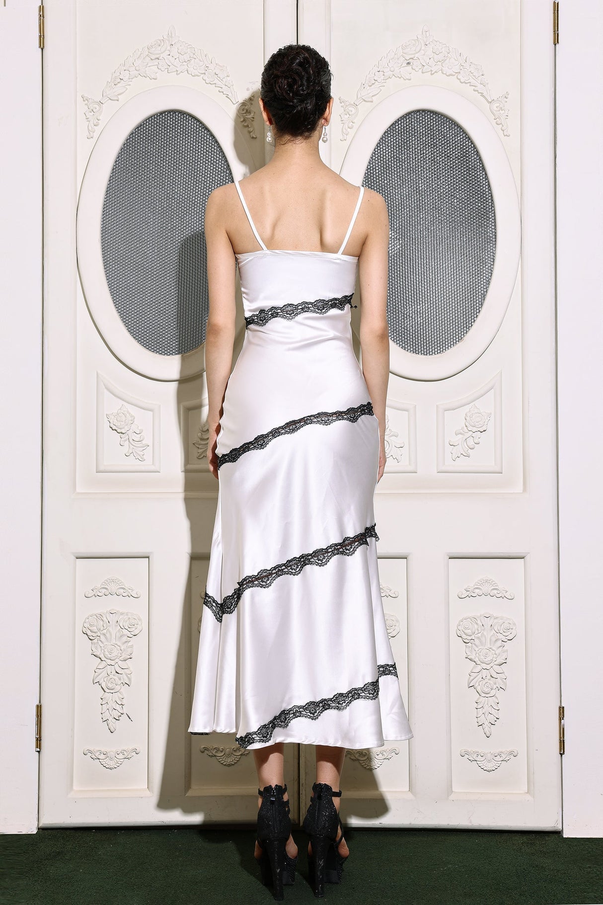 Jenna White Satin Dress with Skew Lace Detailing and Square Neckline for Formal Events and Gatherings