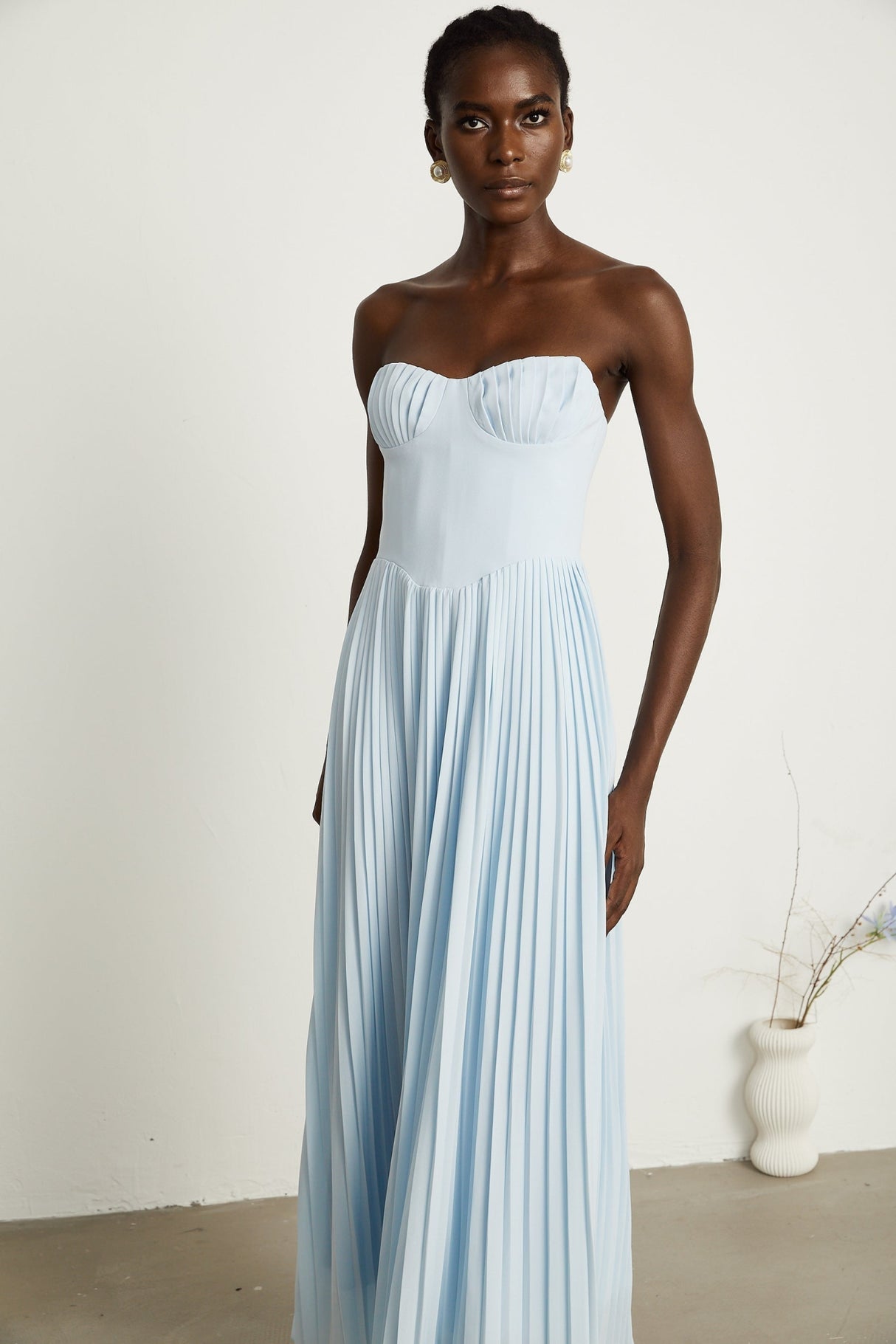 Jessica Blue Maxi Dress with Off - Shoulder Corset Style and Pleated Skirt
