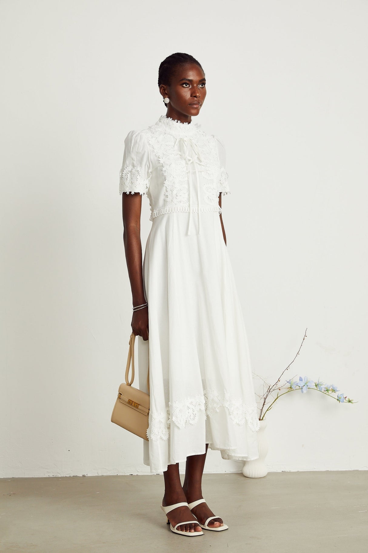 Jessica Floral Midi Dress in White with Mock Neck & Lace Embellishment