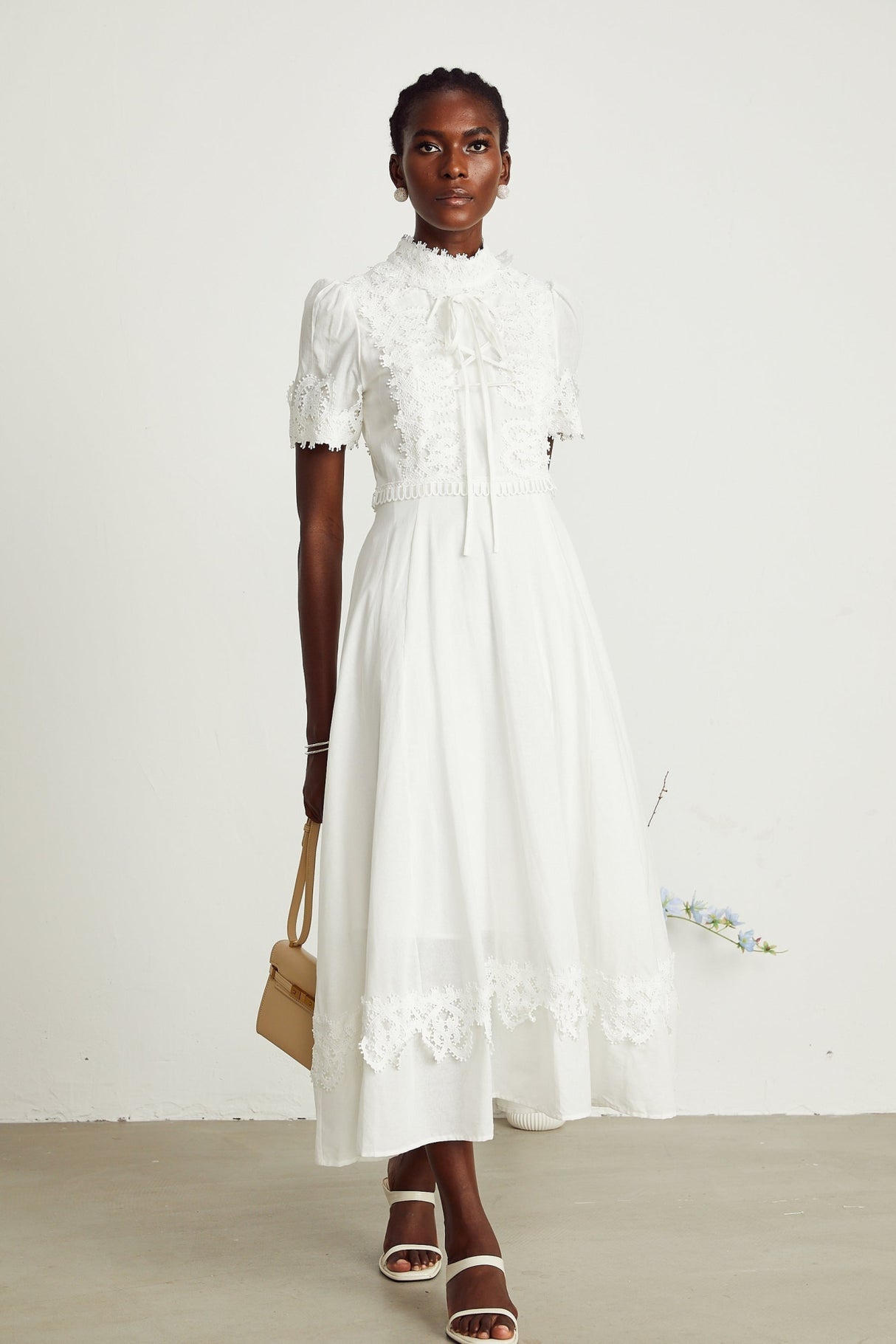 Jessica Floral Midi Dress in White with Mock Neck & Lace Embellishment