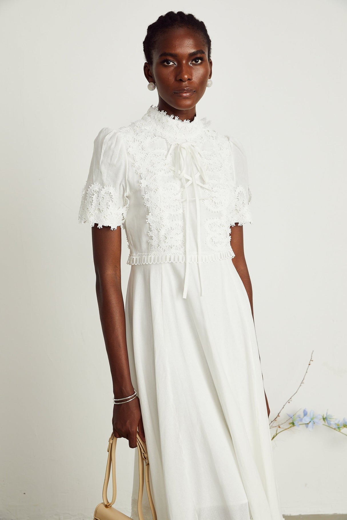 Jessica Floral Midi Dress in White with Mock Neck & Lace Embellishment