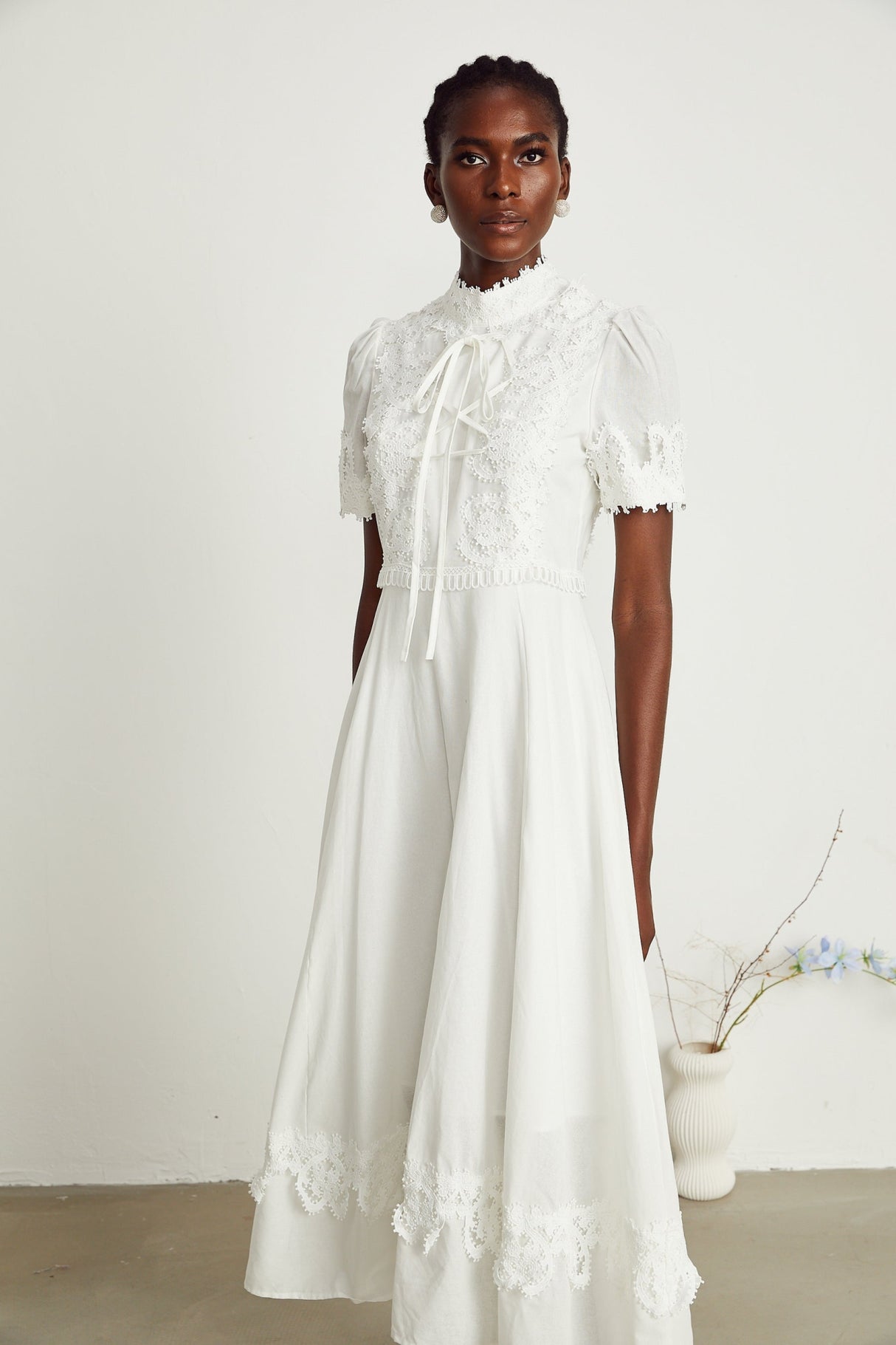 Jessica Floral Midi Dress in White with Mock Neck & Lace Embellishment