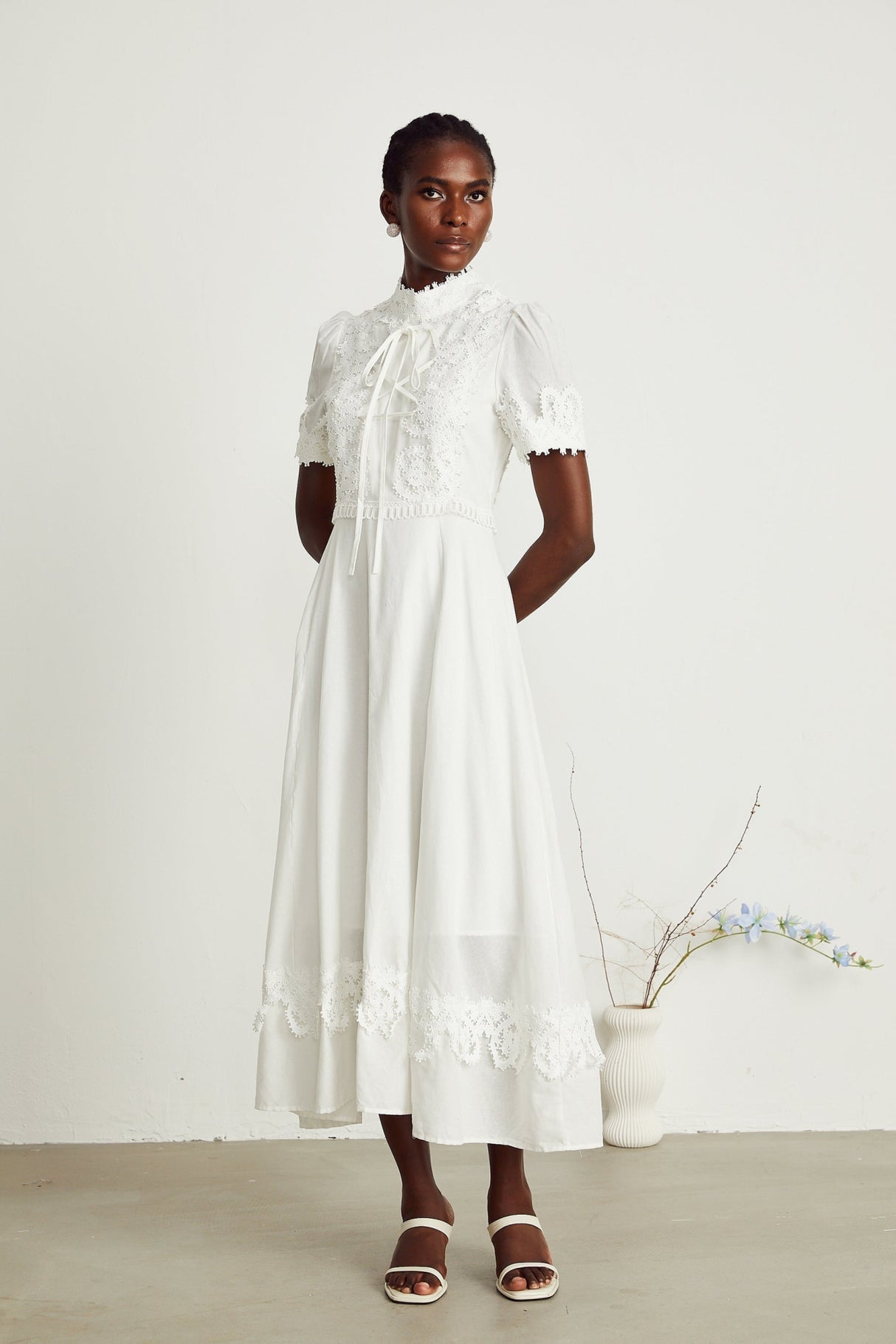 Jessica Floral Midi Dress - Mock Neck - Short Sleeves - Lace Embellishment - A - line Skirt