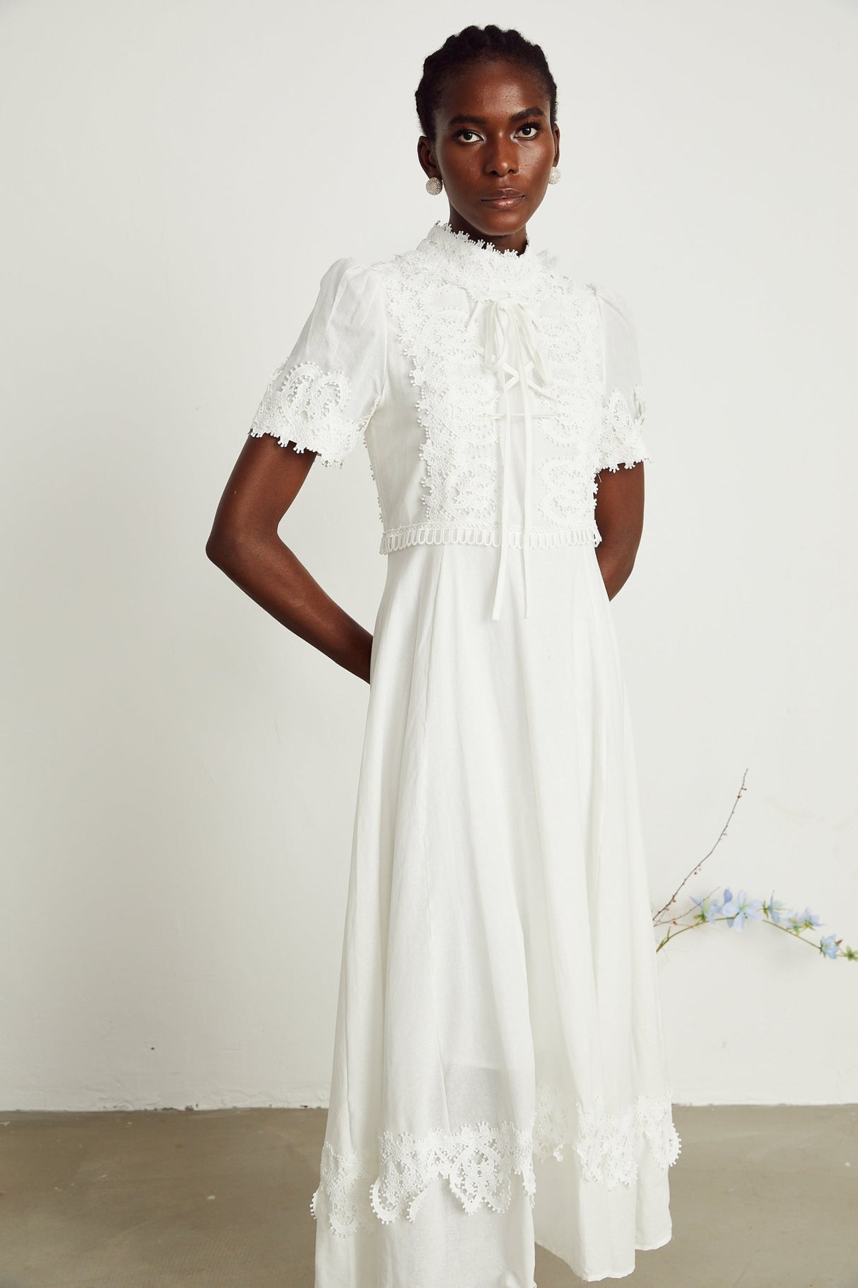 Jessica Floral Midi Dress - Mock Neck - Short Sleeves - Lace Embellishment - A - line Skirt