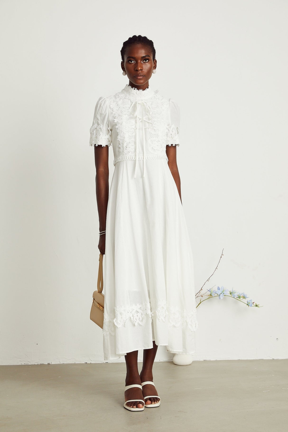 Jessica Floral Midi Dress - Mock Neck - Short Sleeves - Lace Embellishment - A - line Skirt