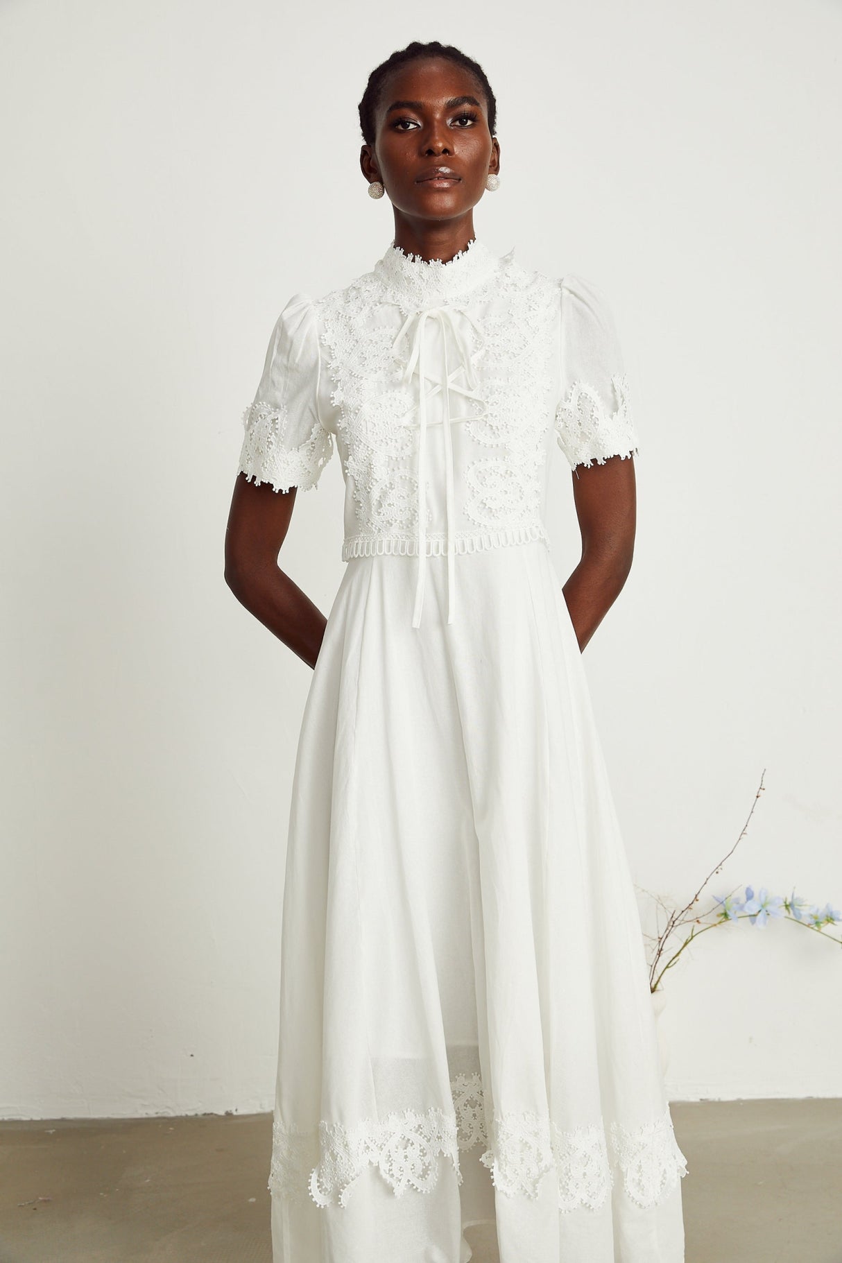 Jessica Floral Midi Dress - Mock Neck - Short Sleeves - Lace Embellishment - A - line Skirt