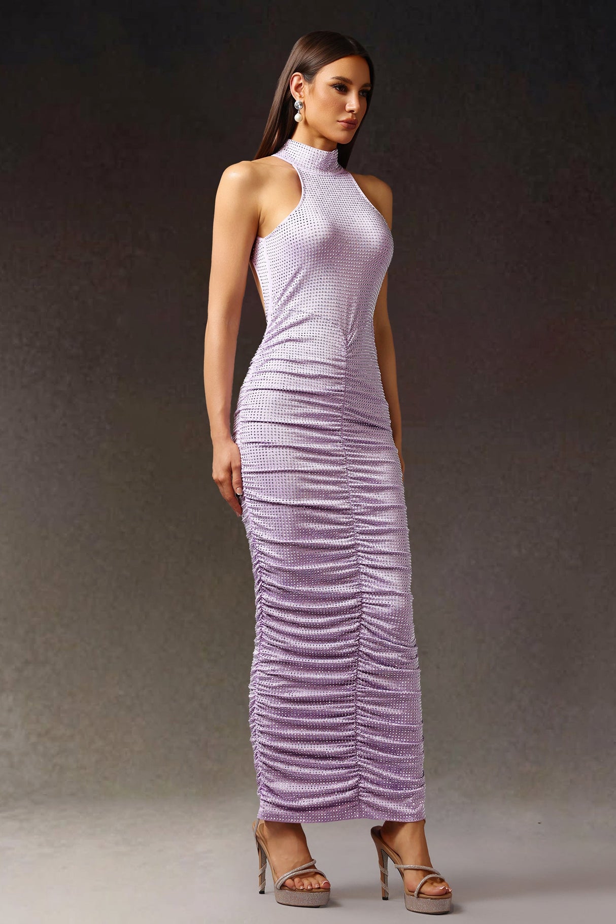 Jessica Purple Halter Maxi Dress with Diamond Fold Design