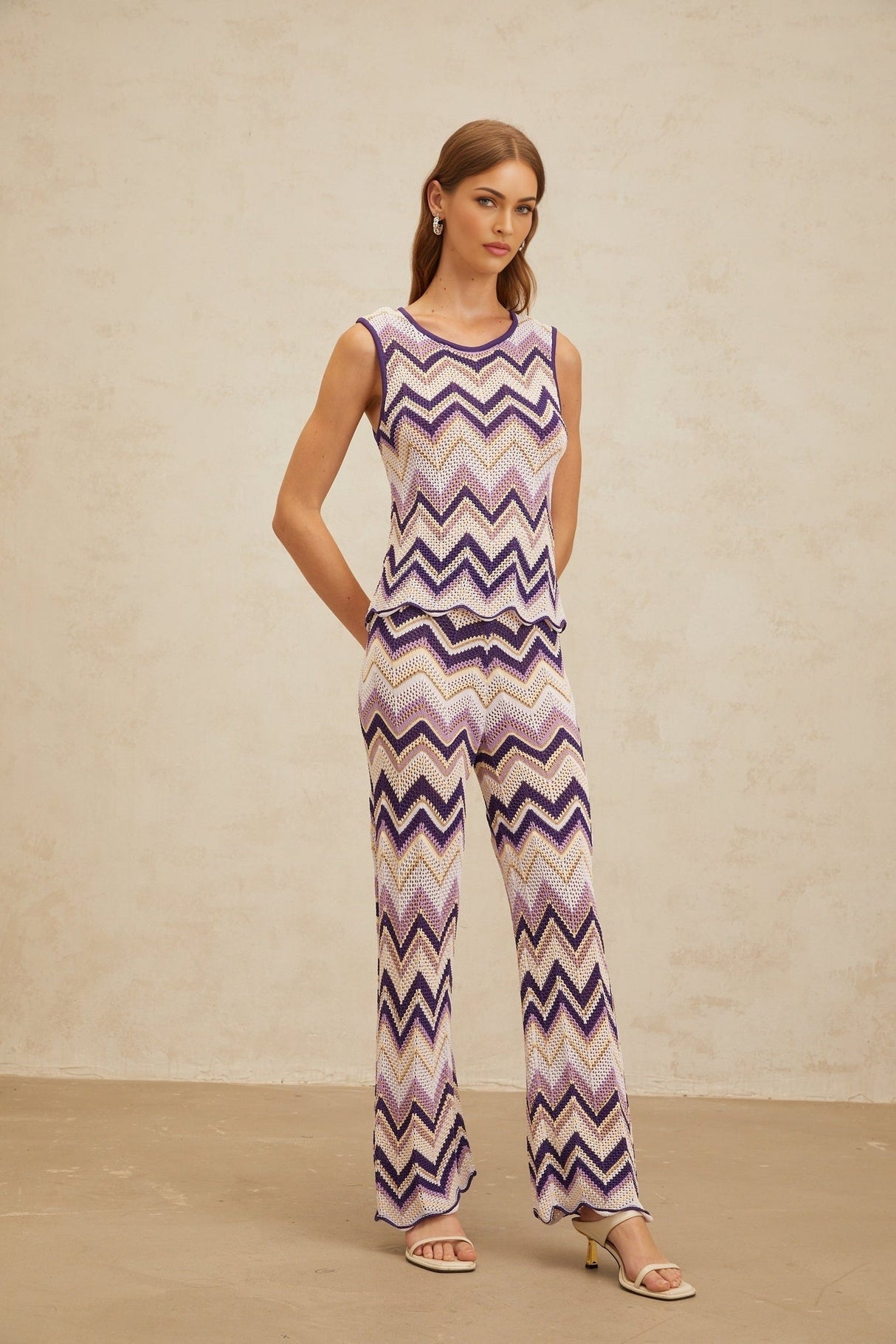 Jessica Zigzag Knit Top & Trousers Set - Sleeveless - Metallic Threading - Scallop Hem - Elasticated Waistband