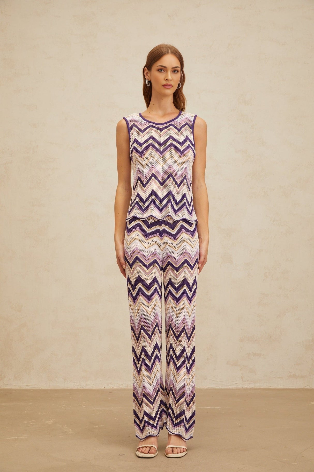 Jessica Zigzag Knit Top & Trousers Set - Sleeveless - Metallic Threading - Scallop Hem - Elasticated Waistband