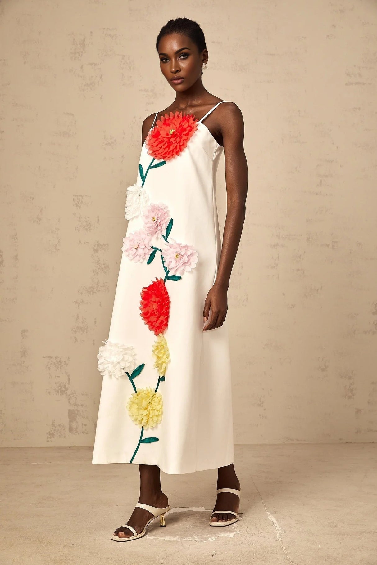 Joanna Midi Dress White 3D Petal Sleeveless Shift & Dart Detailing