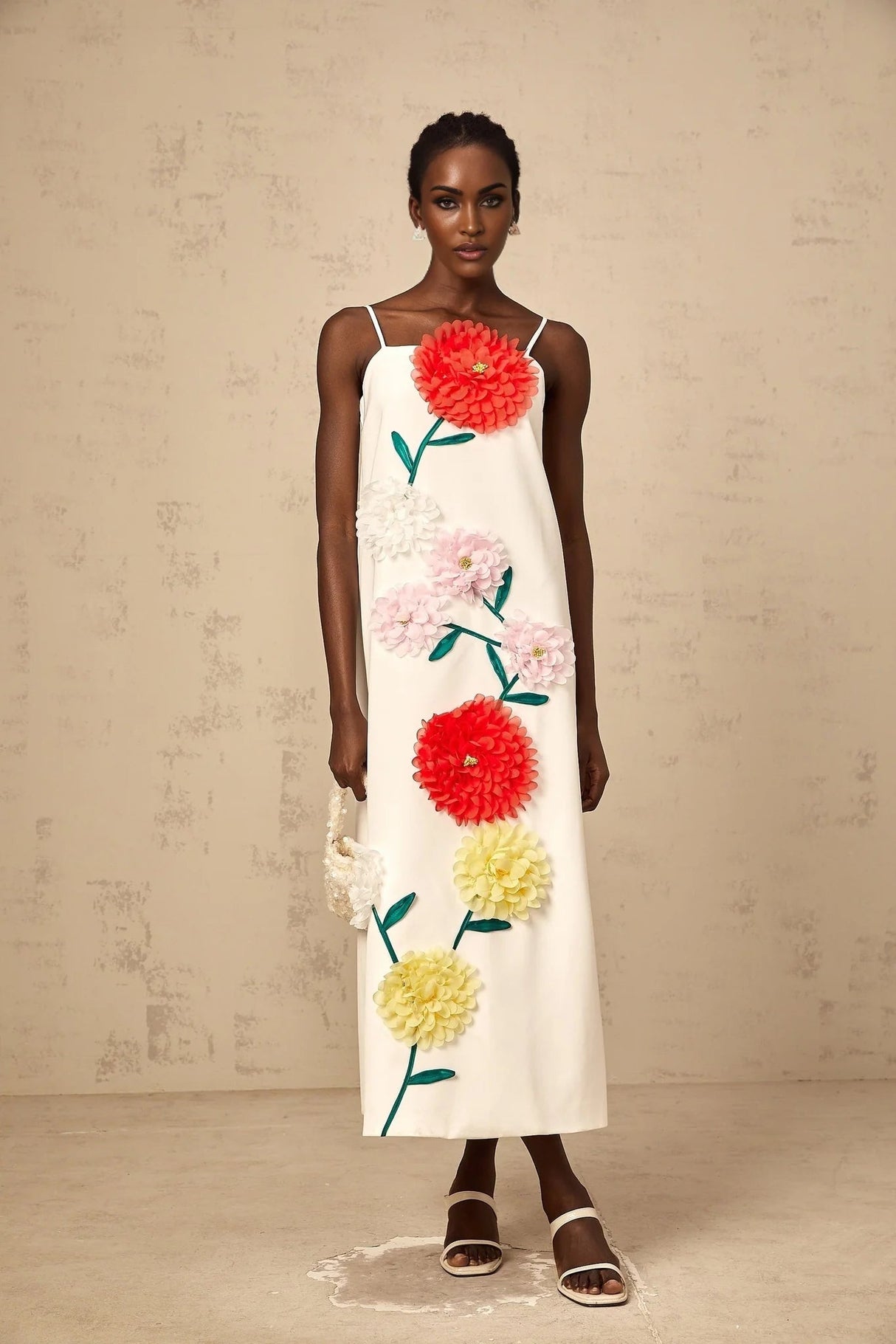 Joanna Midi Dress White 3D Petal Sleeveless Shift & Dart Detailing