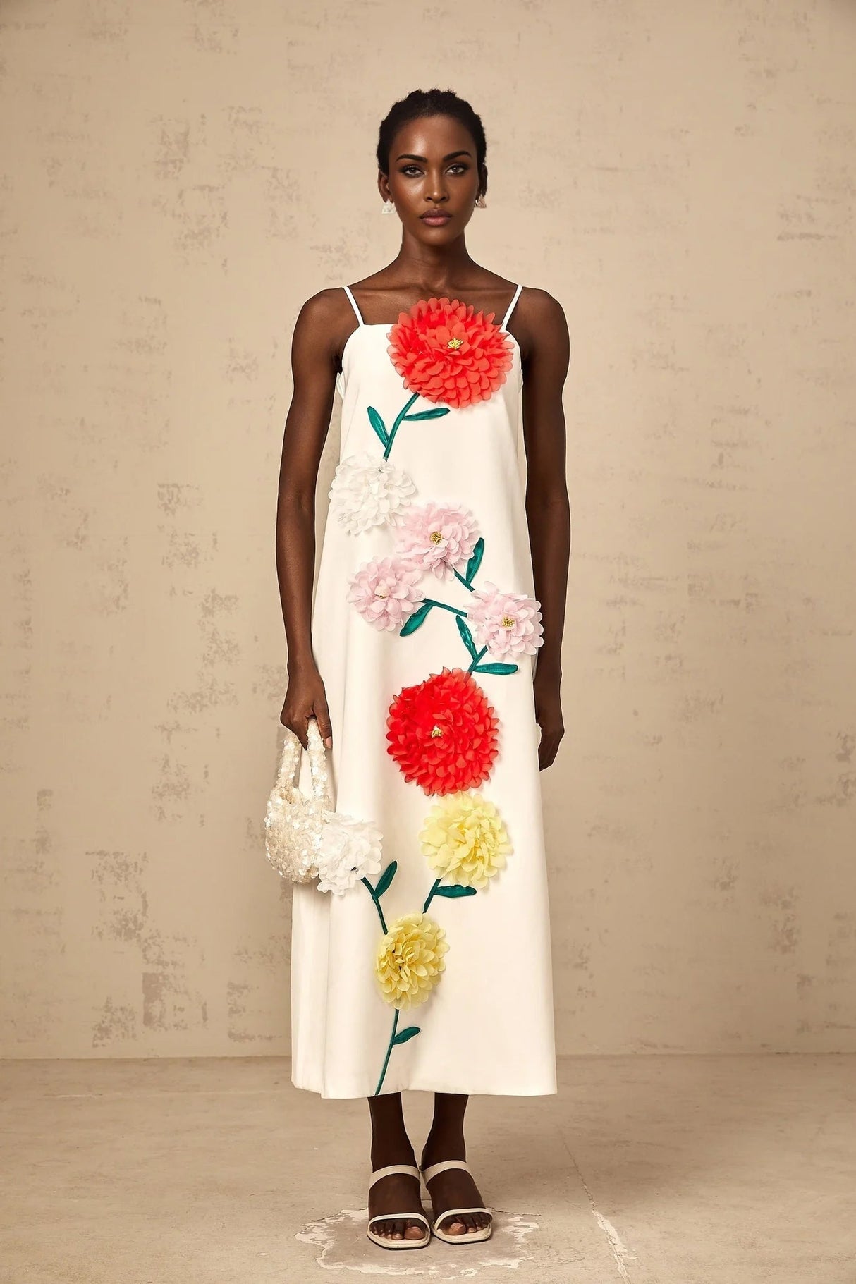 Joanna Midi Dress White 3D Petal Sleeveless Shift & Dart Detailing