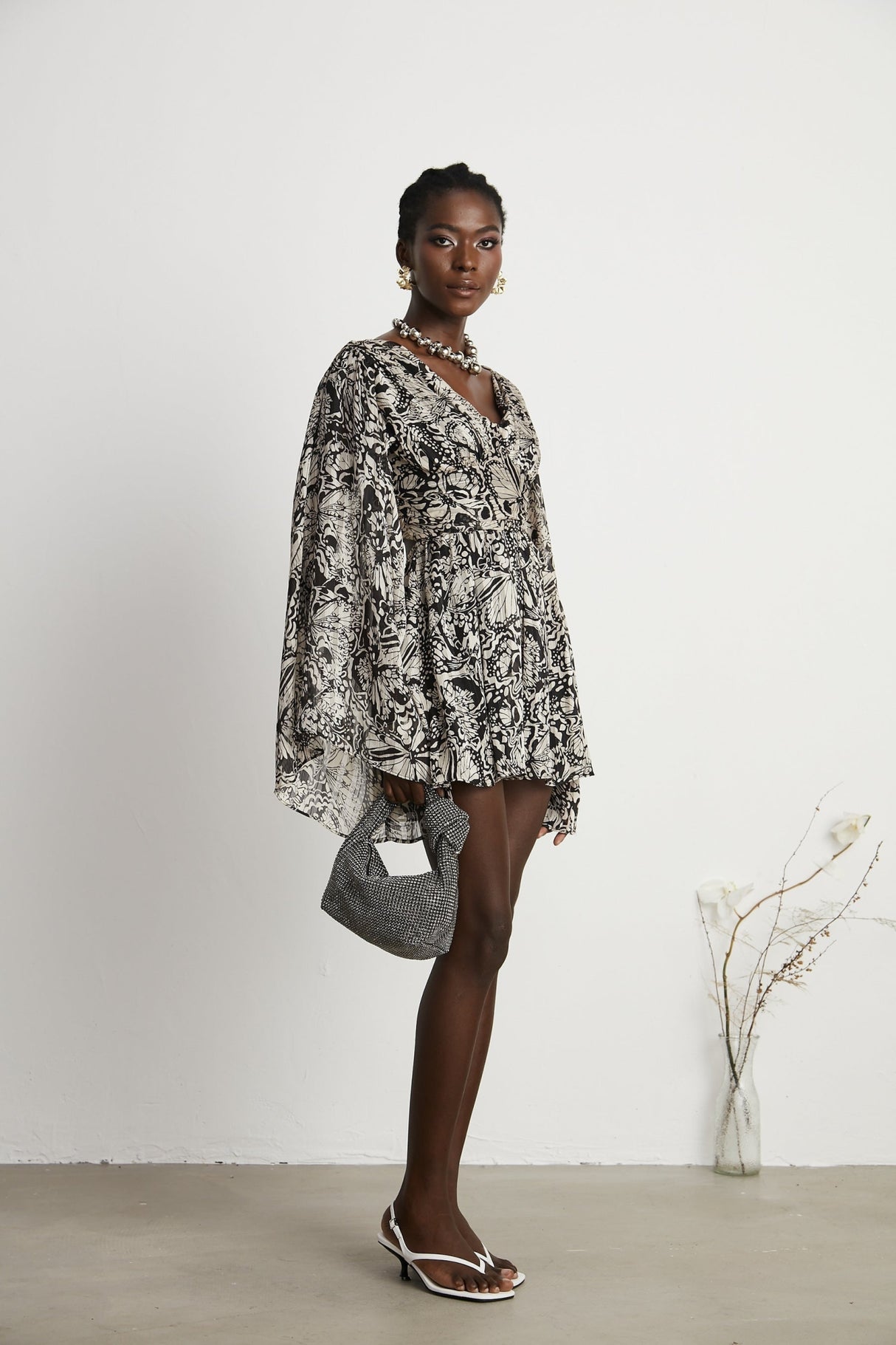 Joanna Mini Dress Black White Pattern VNeck Cut Out