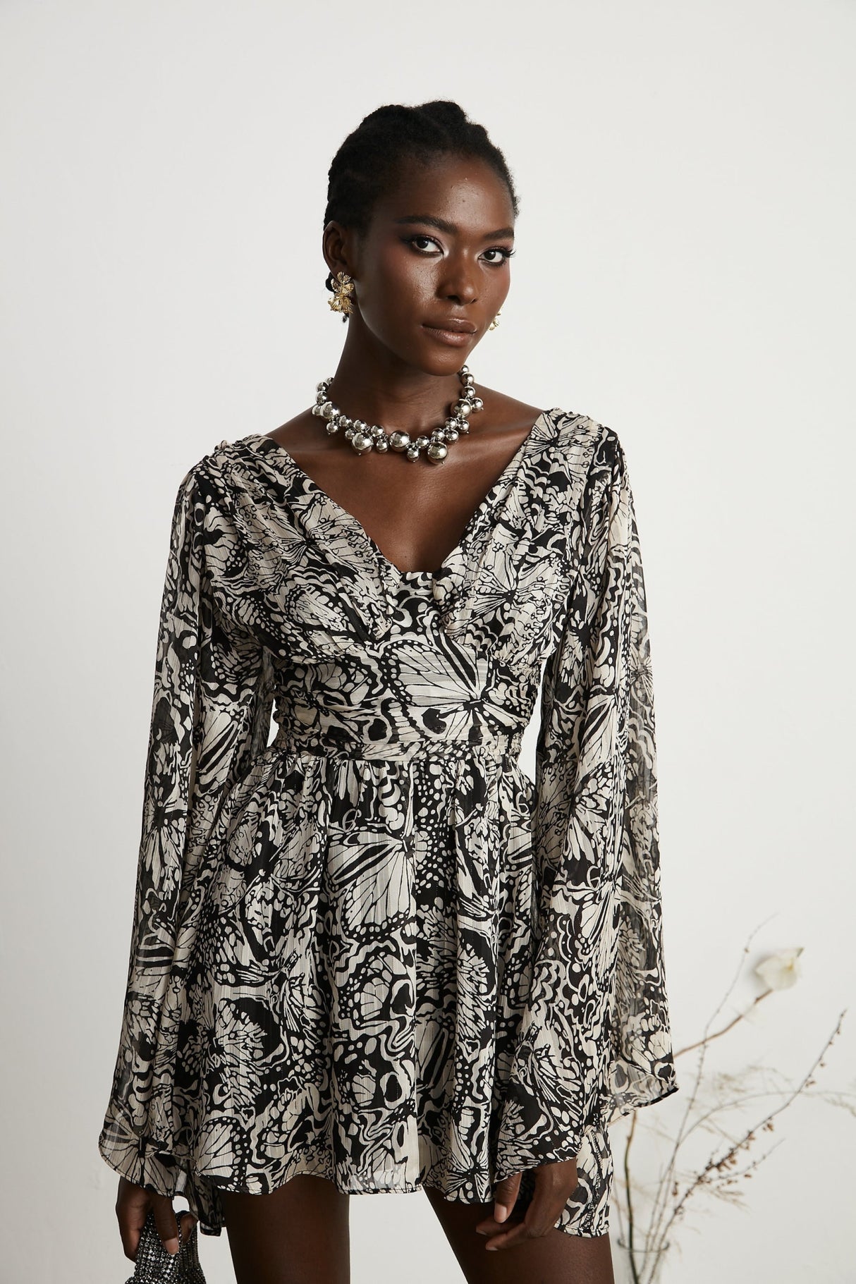 Joanna Mini Dress Black White Pattern VNeck Cut Out