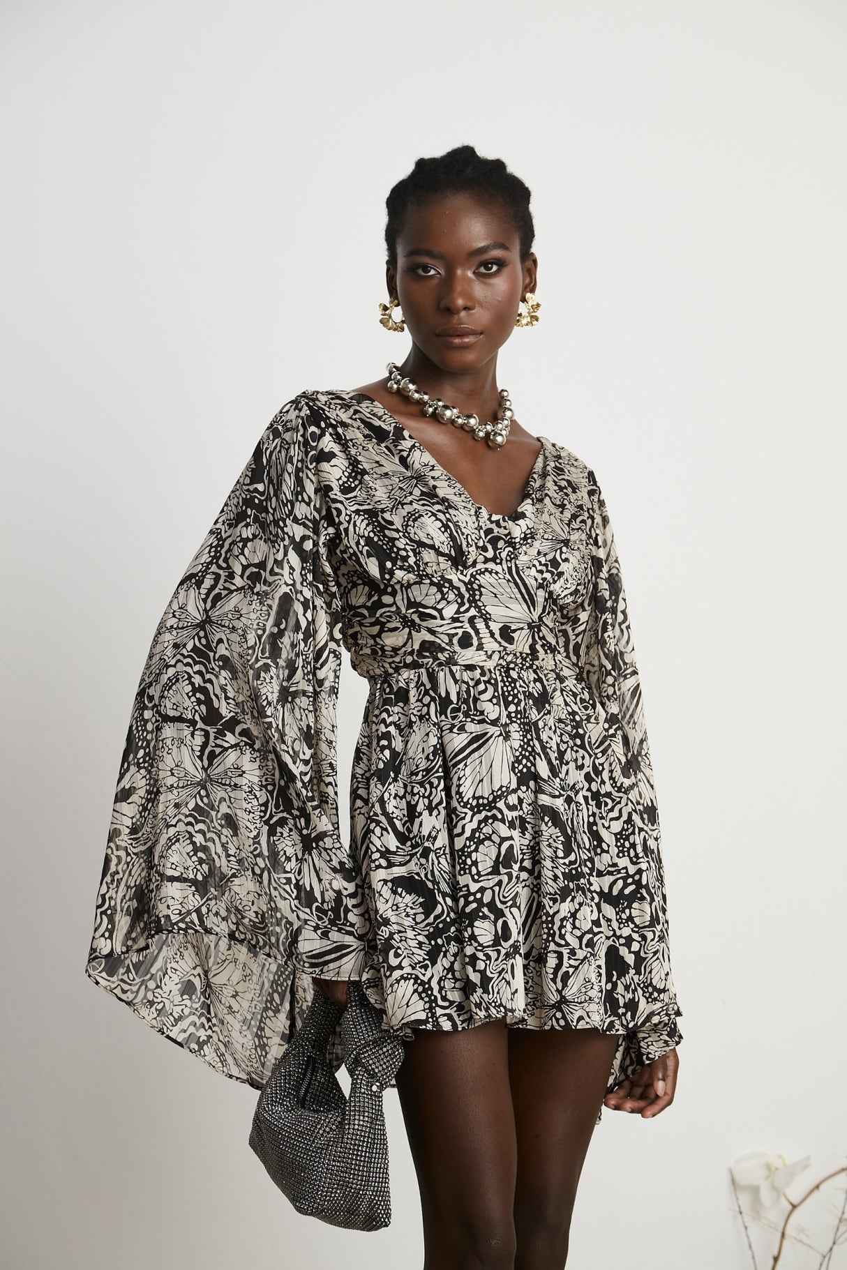 Joanna Mini Dress Black White Pattern VNeck Cut Out