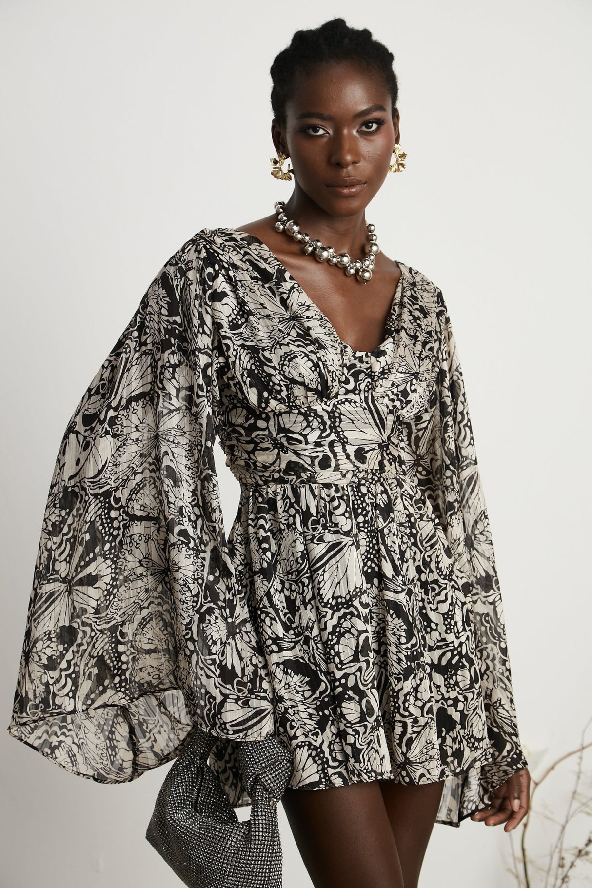 Joanna Mini Dress Black White Pattern VNeck Cut Out