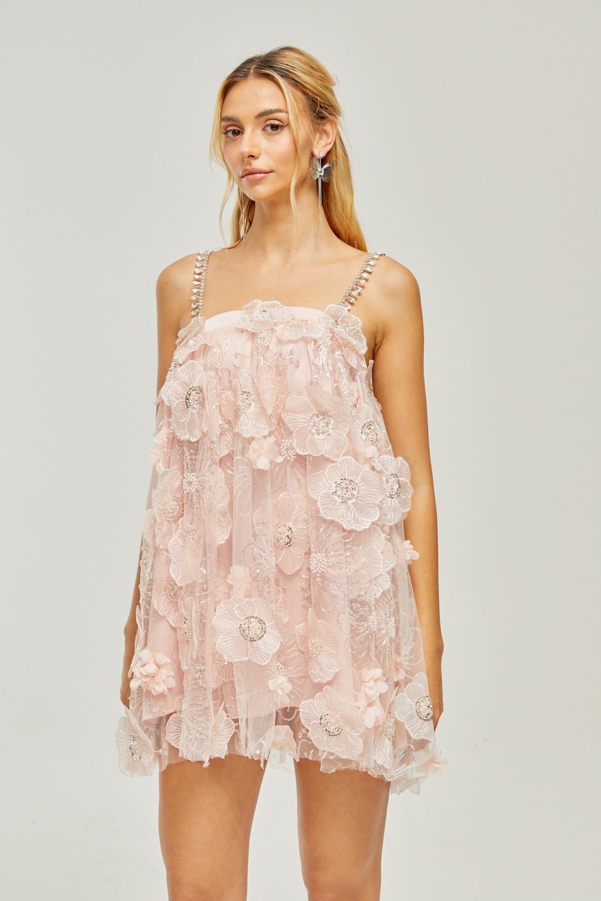 Joanna Mini Dress Crystal Flower Pearl Pink
