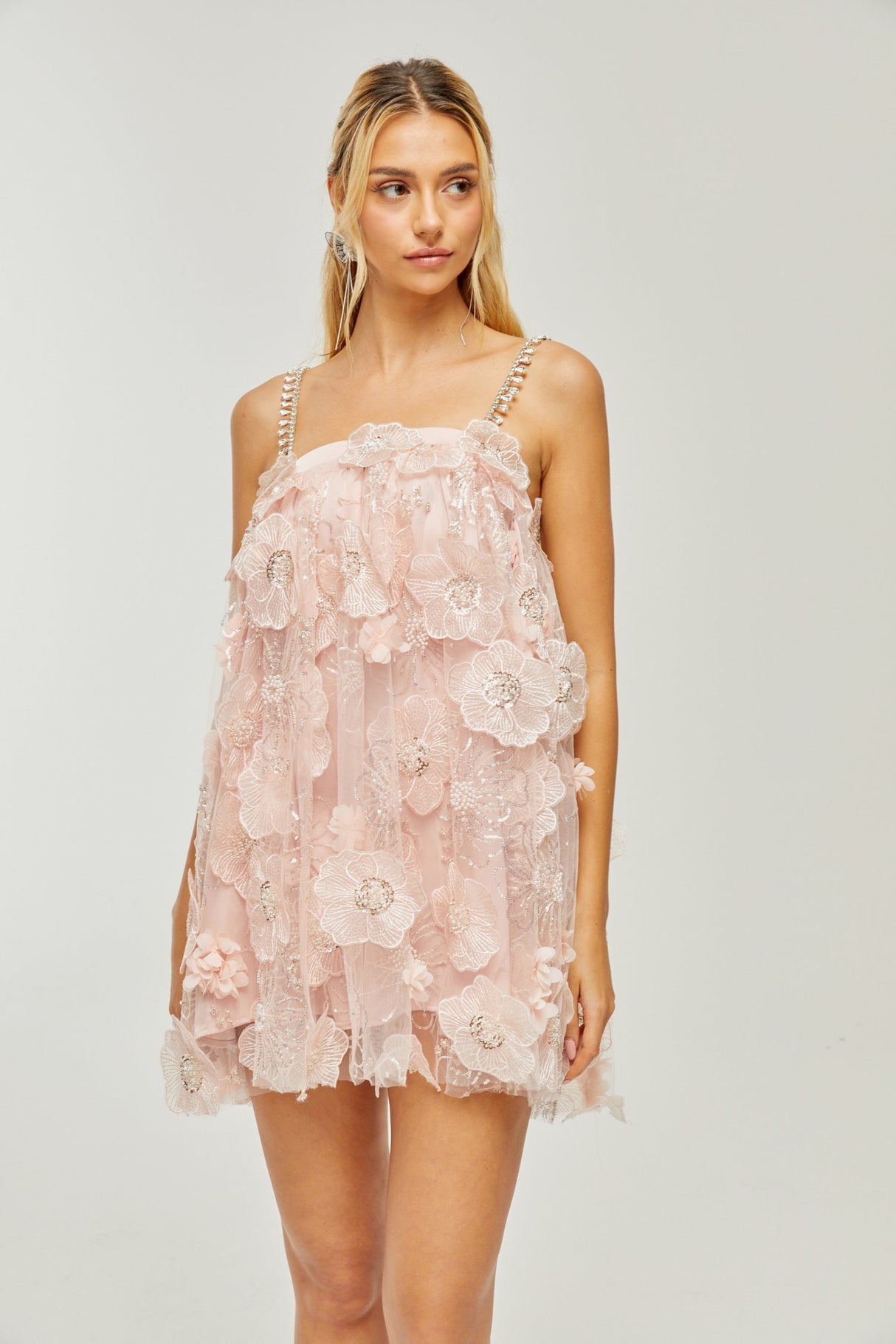 Joanna Mini Dress - Spaghetti Straps - Crystal & Faux - Pearl Embellishments - Rear Zip Fastening - Mini Length