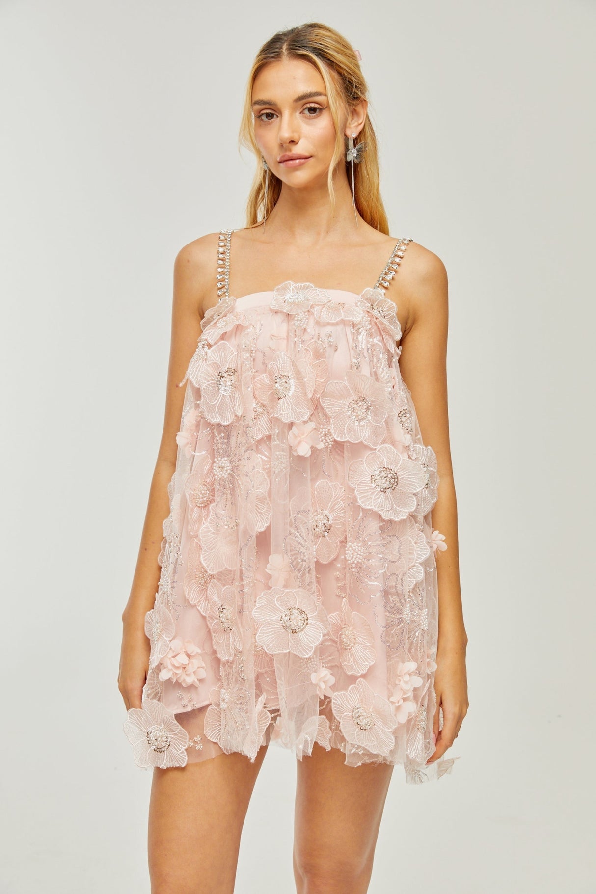 Joanna Mini Dress - Spaghetti Straps - Crystal & Faux - Pearl Embellishments - Rear Zip Fastening - Mini Length