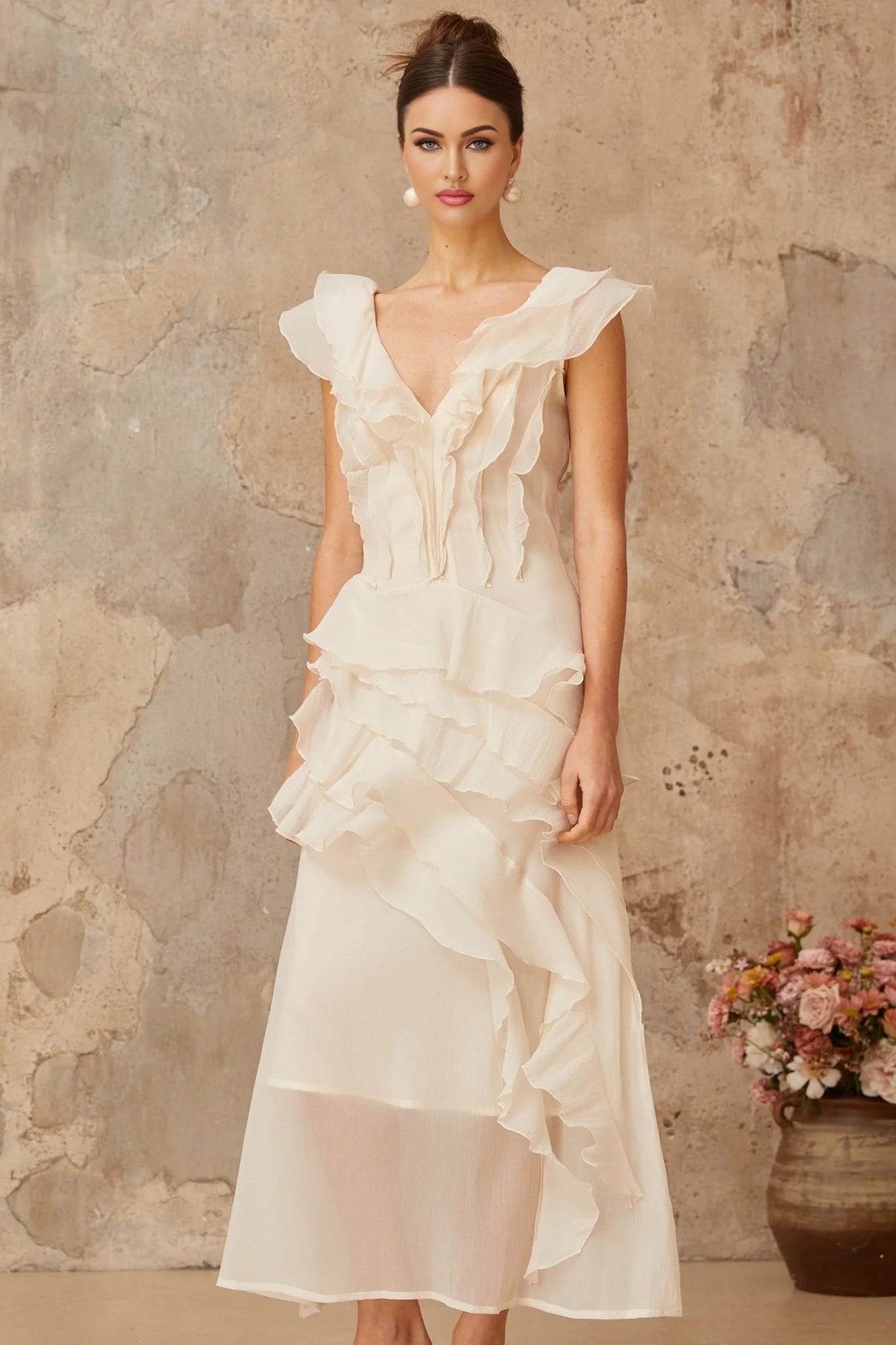 Jocelyn Maxi Dress Neutrals Ruffled Floral