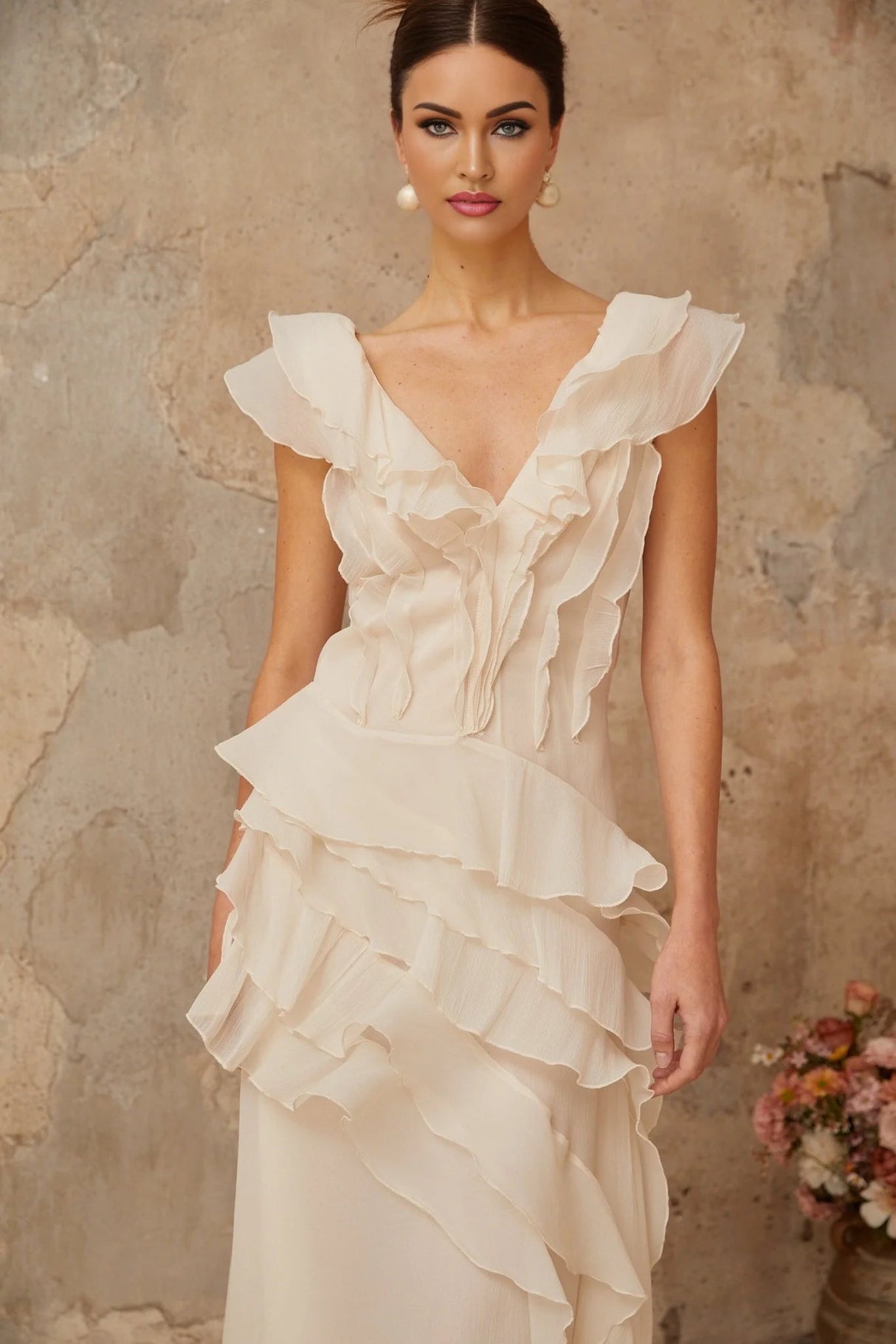 Jocelyn Maxi Dress Neutrals Ruffled Floral